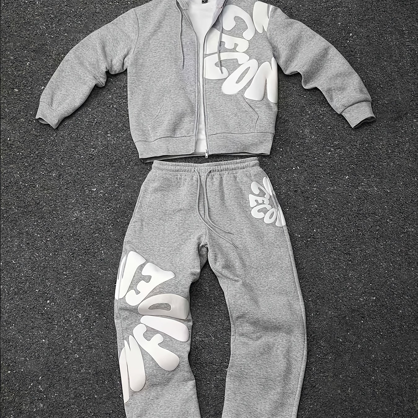 TEMU Men's Puff Letter Print Cropped Zip-up Hoodie And Wide-leg Sweatpants 2pcs Set, American Streetwear Loose Casual Tracksuit