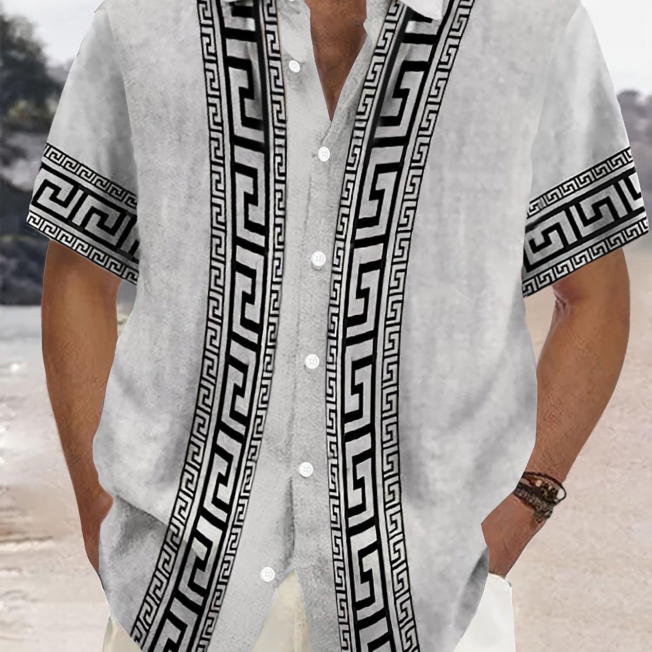 Men's Oversized Short-sleeve Shirt Featuring A Vintage Greek , Relaxed Fit, Breathable Summer Lapel Button-up Top, Stylish For Vacation Wear, Plus Size