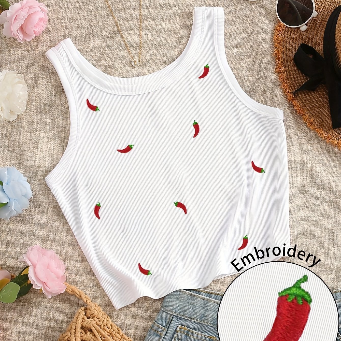 E-shop Damen Rundhals Kurzarmweste mit Chili-Pfeffer-Stickerei, ideal für Sommerbekleidung, Frühlings- Herbstschichten, Strandurlaub, Dates, Partys