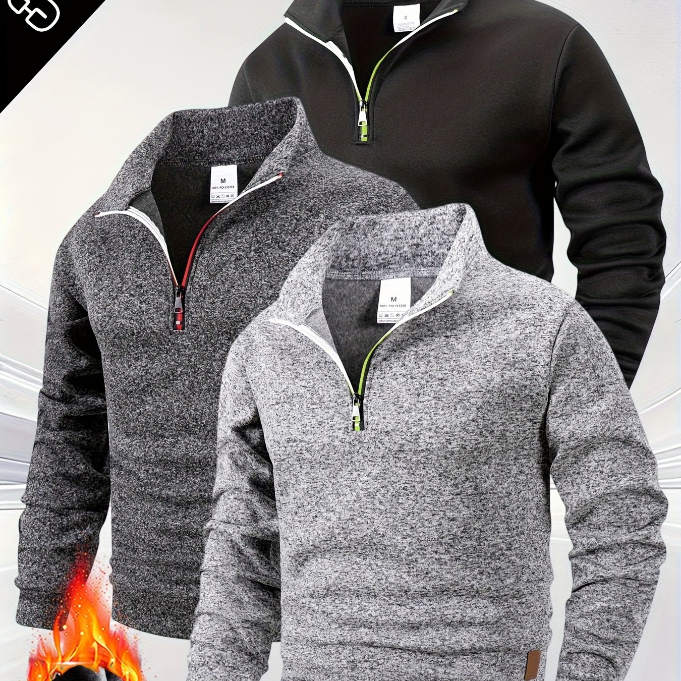 3pcs Men's Half-zip Stand Collar Sweatshirt, Warm Zip-up Pullover With Solid Color Minimalist Fashion Fleece Long Sleeve Casual Outdoor Gym Hiking Daily Wear, Autumn Essentials