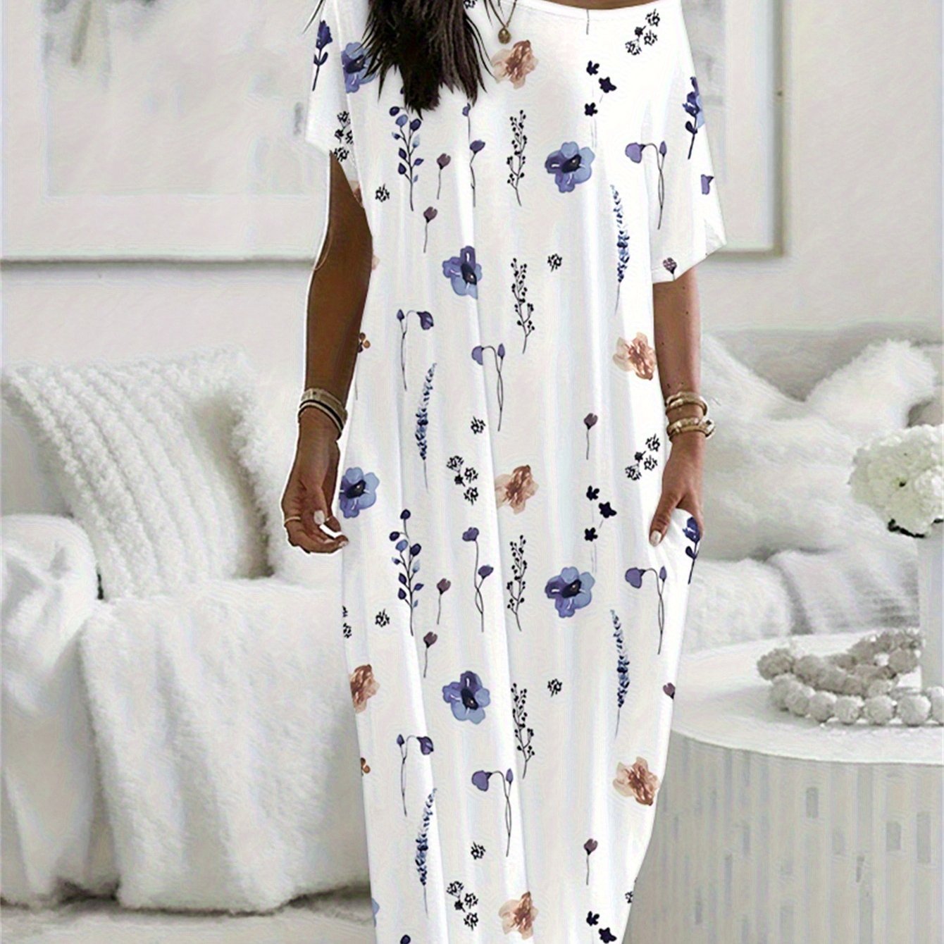 TEMU Chicme Nightgown With Pockets - Floral Print Short-sleeve Maxi Sleep Dress, Slant Collar & Relaxed Loose Robe, Machine Washable Pajama For Wear
