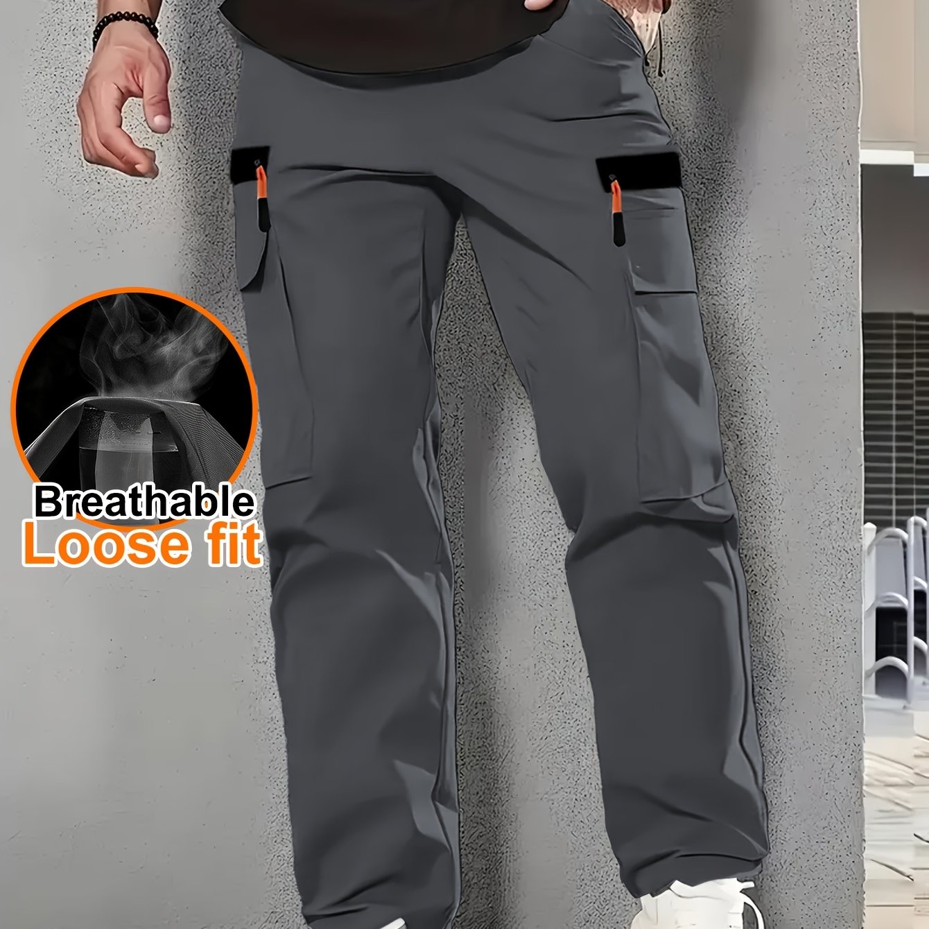 Image of Men's Outdoor Casual Loose Fit Cargo Pants - Oversized Fit, Multiple Pockets, Zipper Pocket, Drawstring Waist, Lightweight And Breathable, Suitable For Hiking, Camping, And Casual Wear