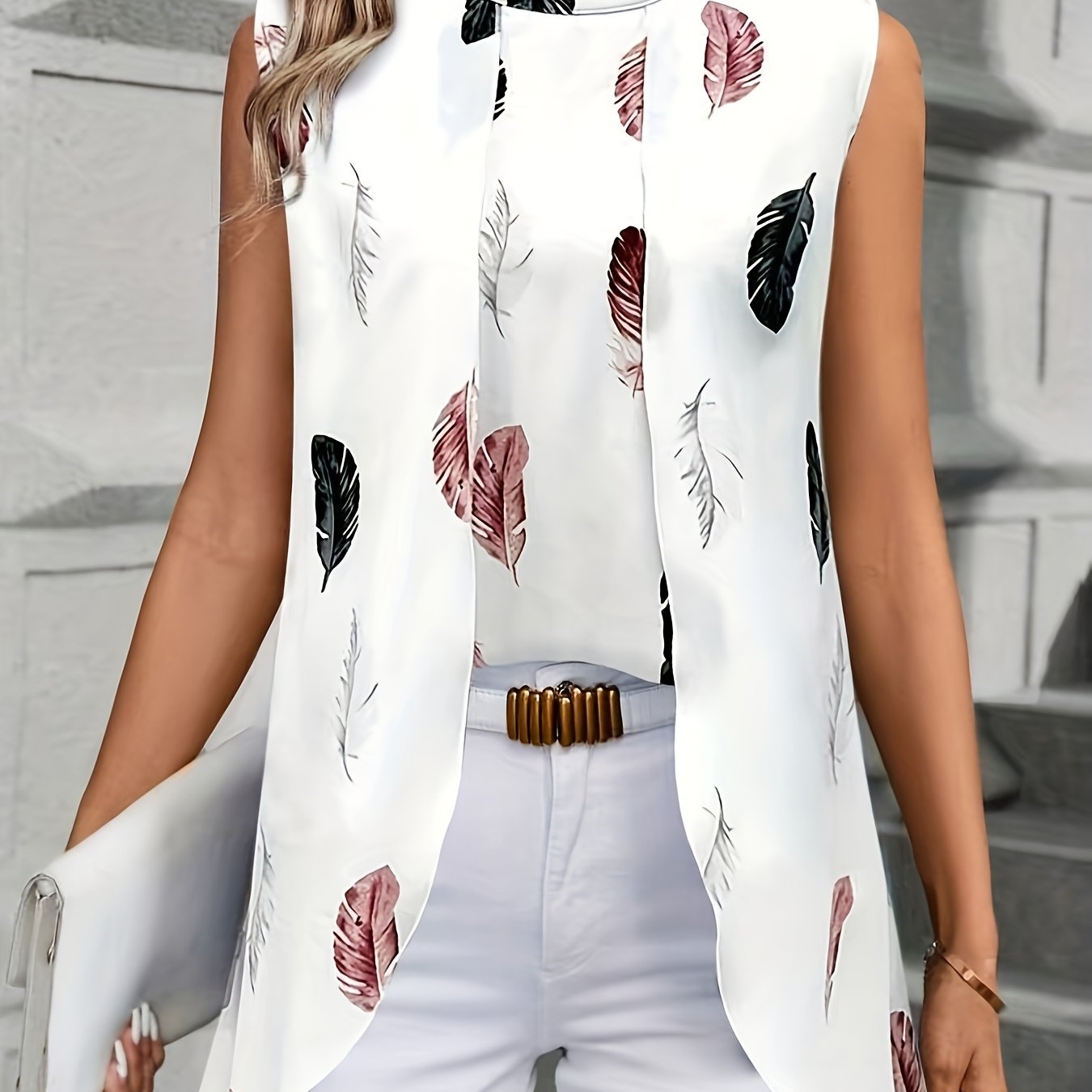 Image of Women's Elegant Print Sleeveless Blouse - Asymmetrical Hem, Round Neck, Machine Washable, Versatile Shirt For Casual & Formal Outfits, Motif Design