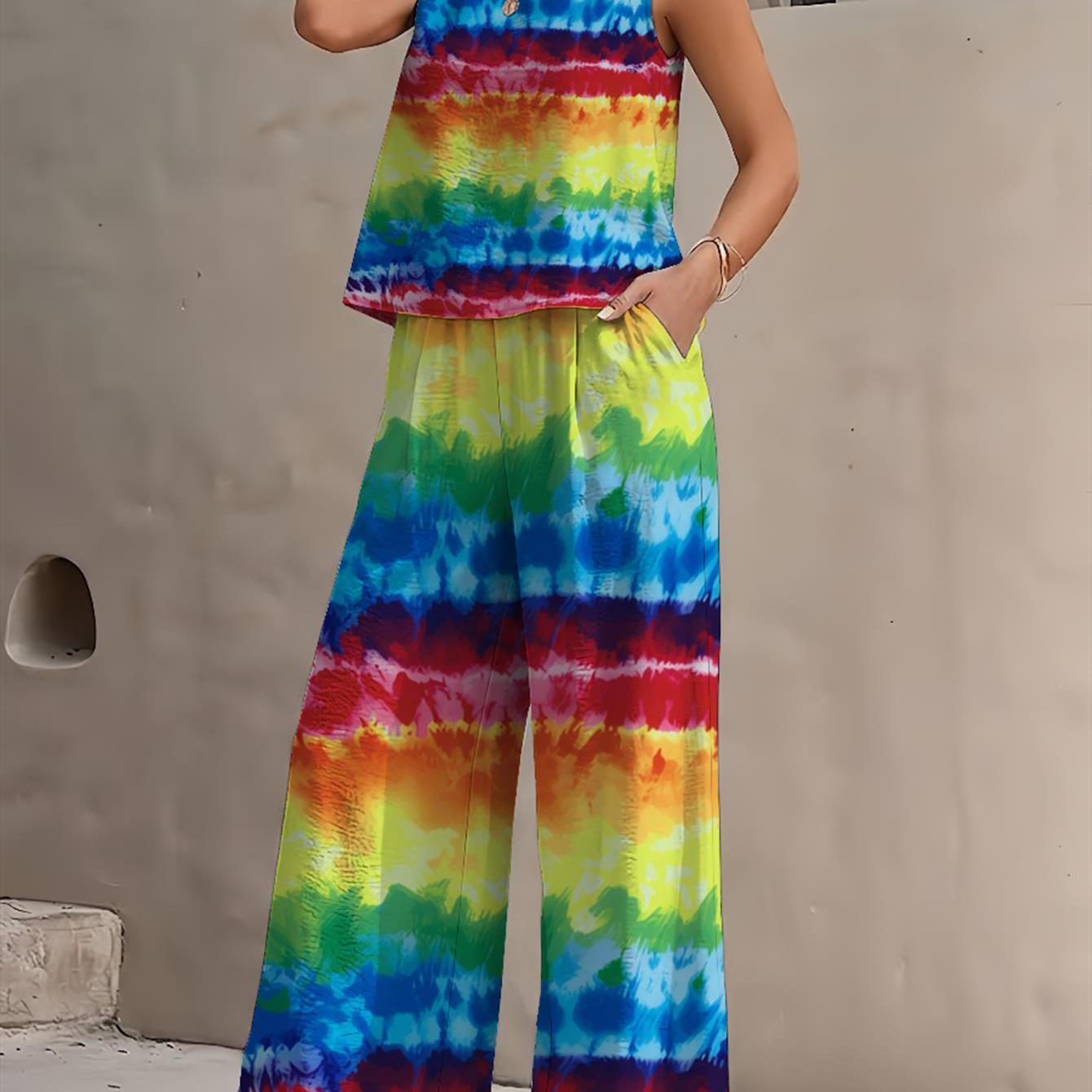 Image of Vibrant -dye Sleeveless Top And Wide-leg Pants Set, High- Abstract Print With Side Pockets, Soft Texture Casual Vacation Outfit For Spring To Winter
