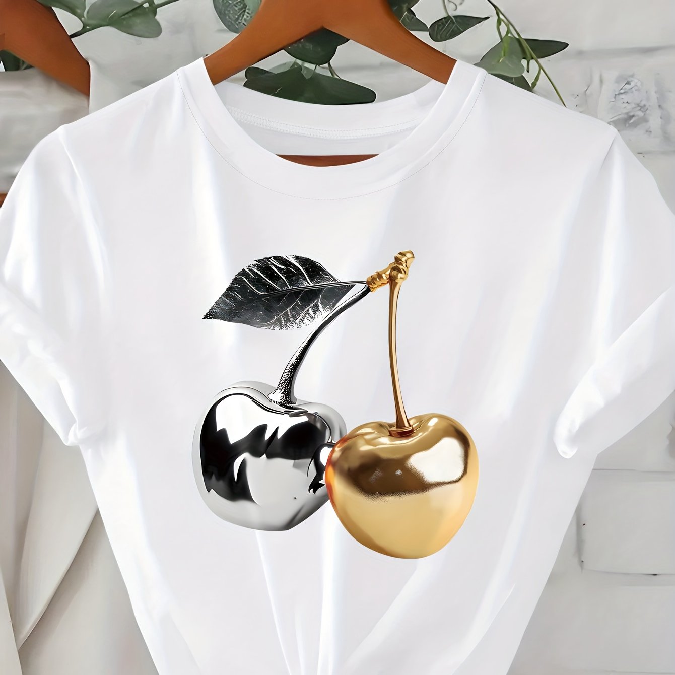 TEMU T-Shirt Vintage à Imprimé Dorée et Argentée avec Feuilles Argentées, Manches Courtes Col Rond, Haut Décontracté pour Automne, Été et Printemps,