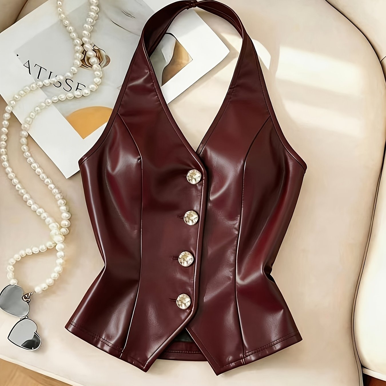 TEMU Casual Women's Vest, Wine Red Vest With Metal Decorative , Unlined, Halter Top Vest, Women's Navel Vest, Y2k