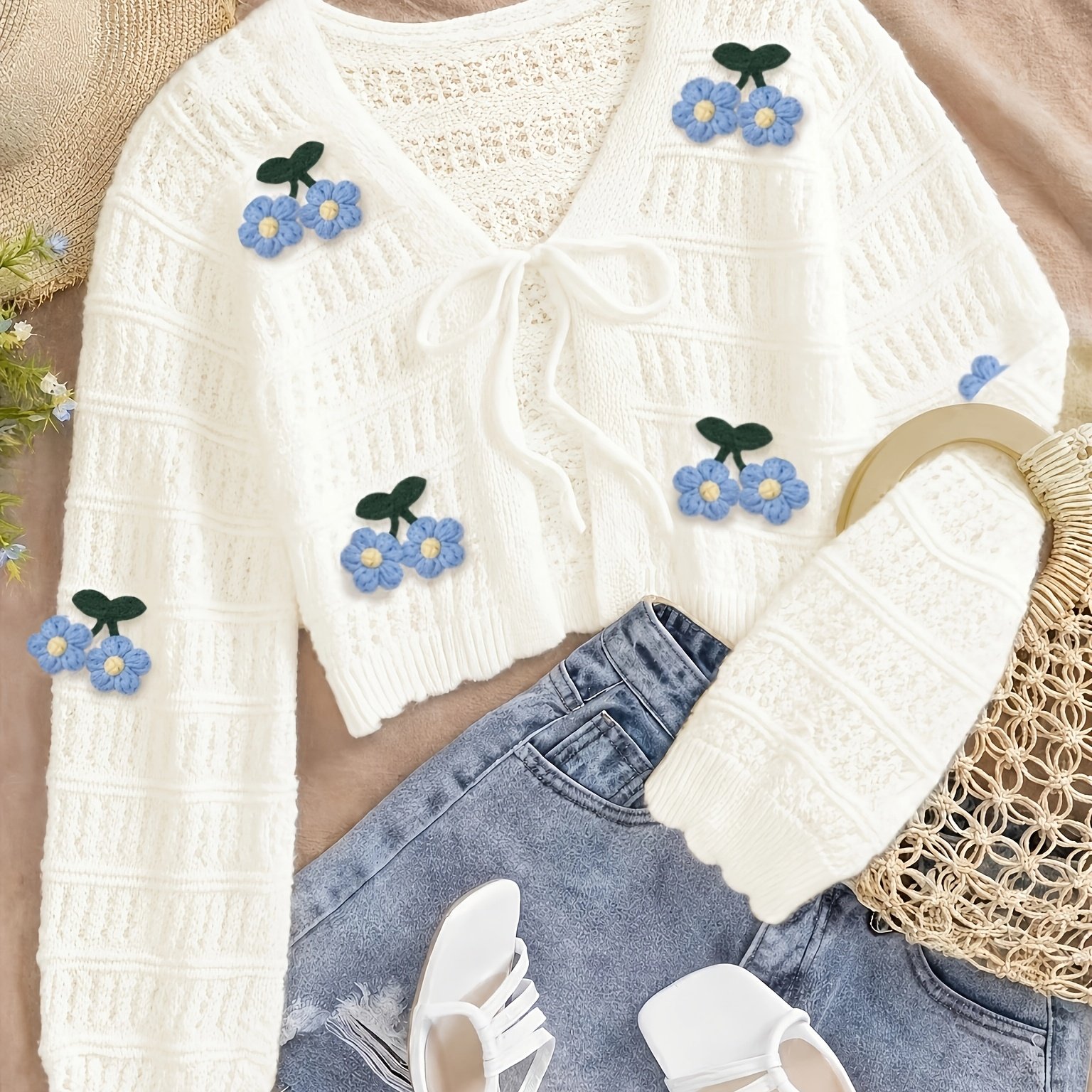 TEMU Women's Spring Summer Sweater Casual Hollow Hand- Blue Floral Trim Decor Cardigan, Suitable For Vacation And Summer Wear, Women's Cover-up,