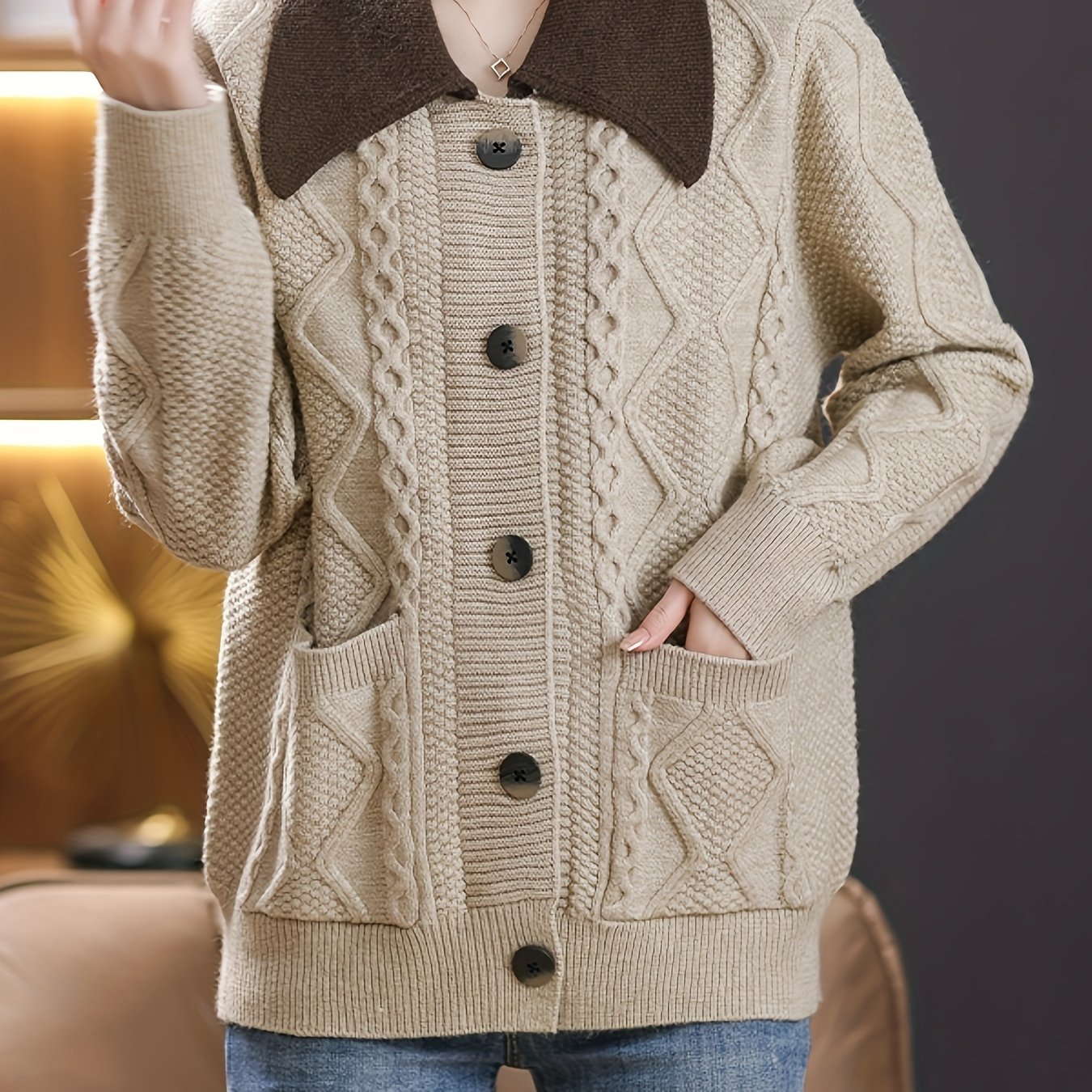 Cable Knit Button Cardigan Elegant Turndown Collar Long - Temu