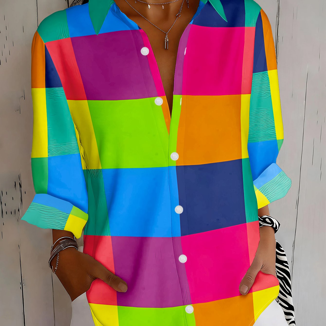 TEMU Chemise à manches longues pour femme avec motif écossais vibrant, présentant des carrés entrelacés multicolores. Un haut vivant et lavable en