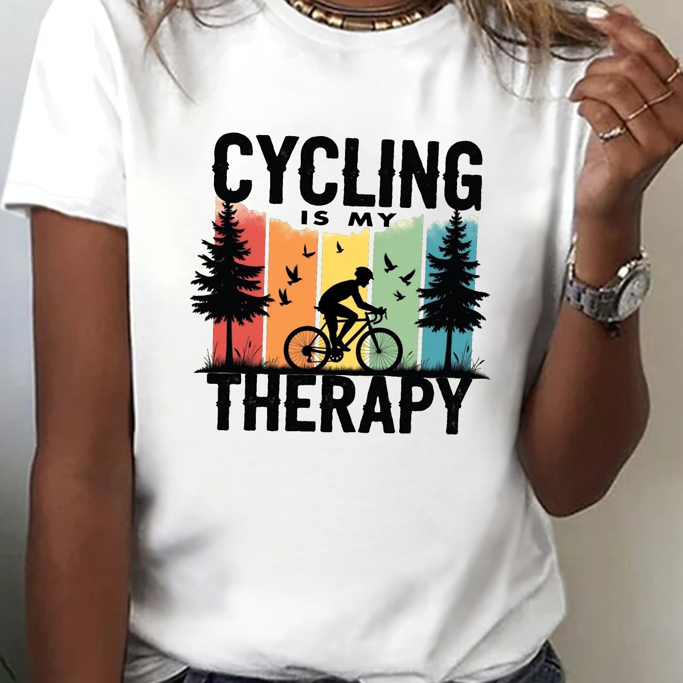 TEMU Cycling Is Print T-shirt, Short Sleeve Crew Neck Casual Top For Summer & Spring, Women's Clothing
