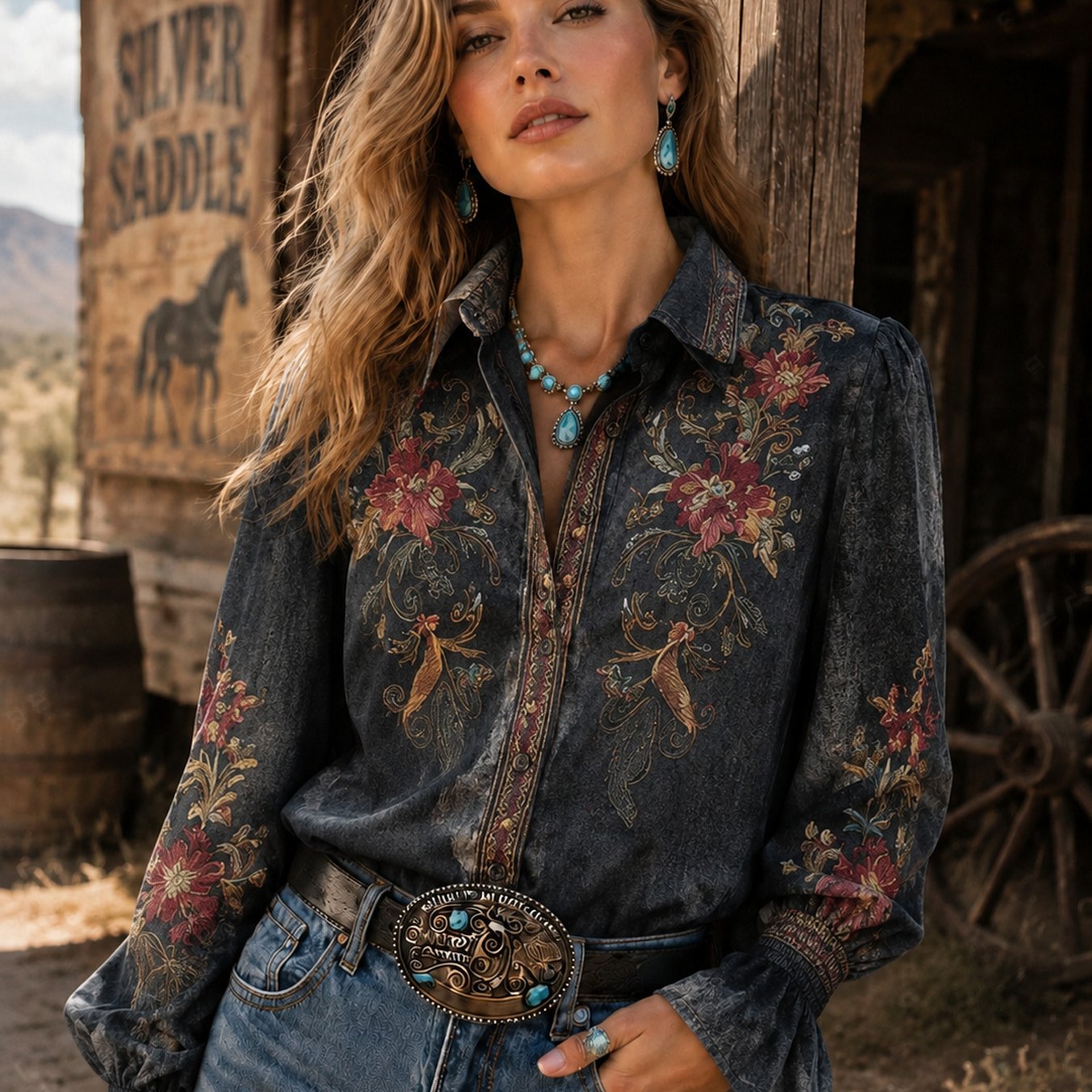 Image of Casual Vintage American Western Floral Print Lapel Long Sleeve Flared Cuff Shirt