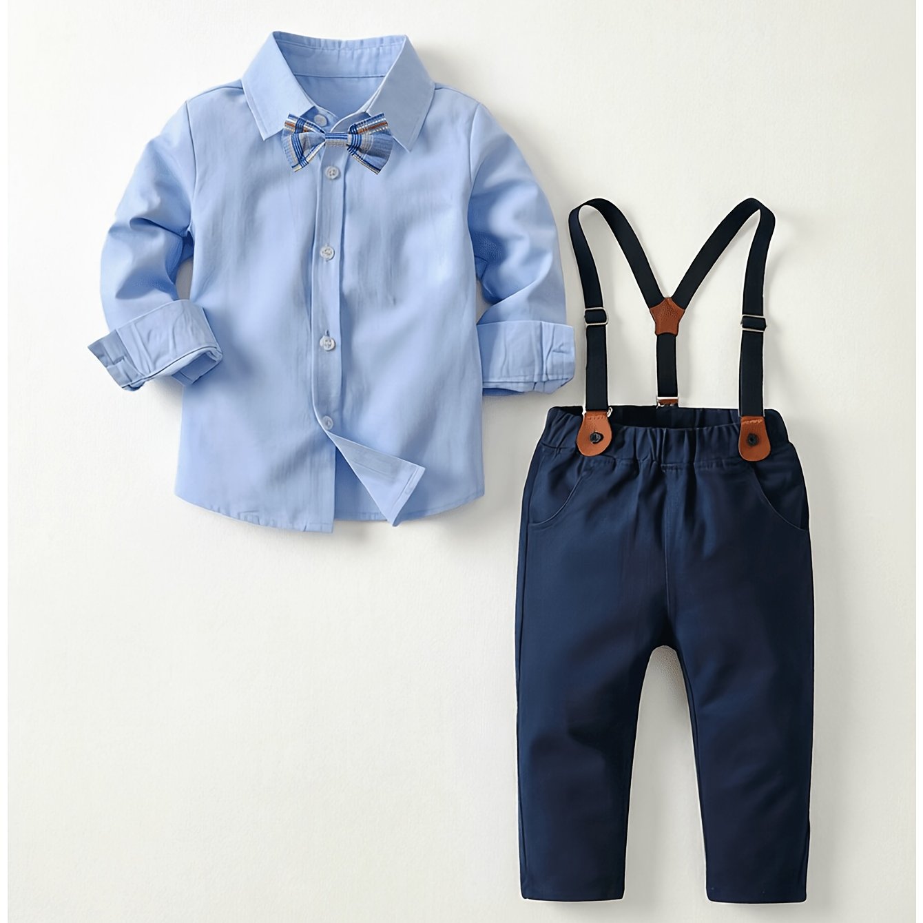 Image of Boys' Bow Tie Sky Blue Shirt Suspender Pants Set, 4pcs Children's Formal Wear, Perfect For Outdoor