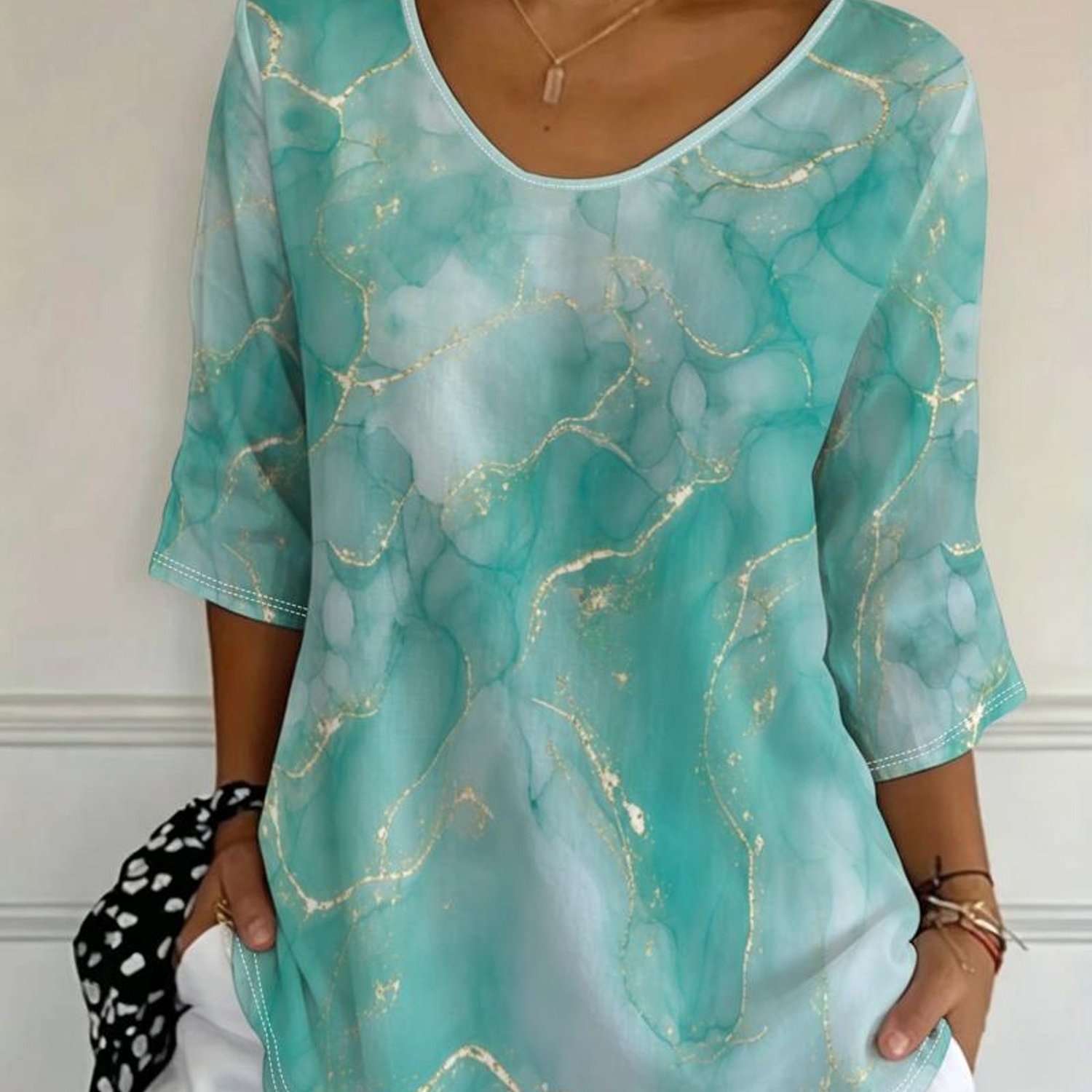 TEMU Plus Size Women's Abstract Marble Pattern Top, Available, Mixed Colors, Elegant Golden Texture Design, Smooth Appearance, For Daily Wear And
