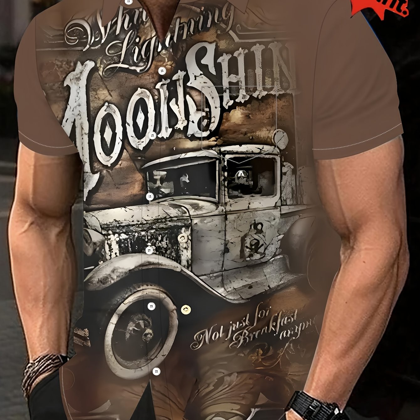 TEMU Plus Size Men's Retro Vintage Car Pattern Printed Short Sleeve Shirt - With Chest Pocket, Suitable For Beach And Outdoor Activities, , Machine