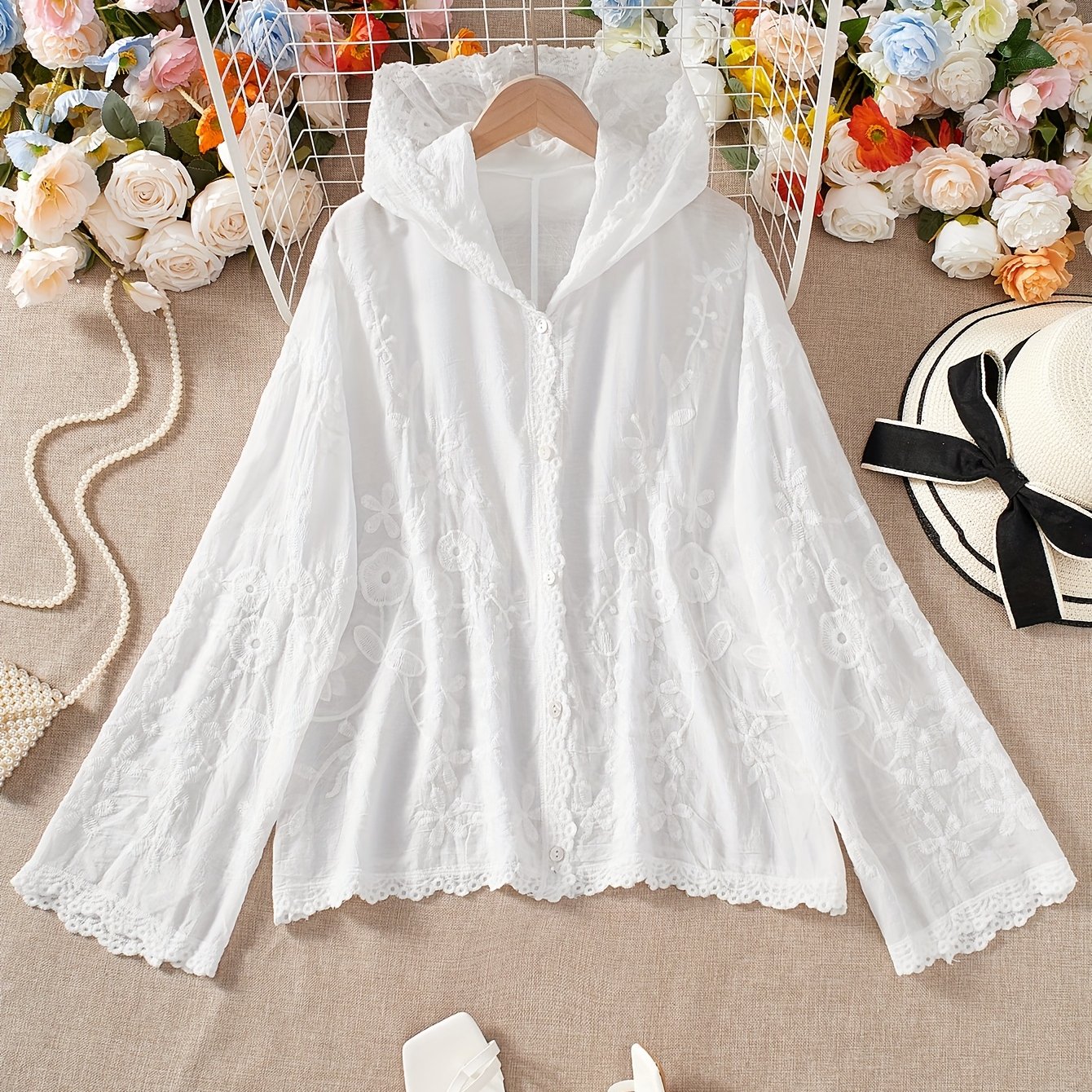 Plus Size, Women's Casual Fashion Hooded Lace Shirt