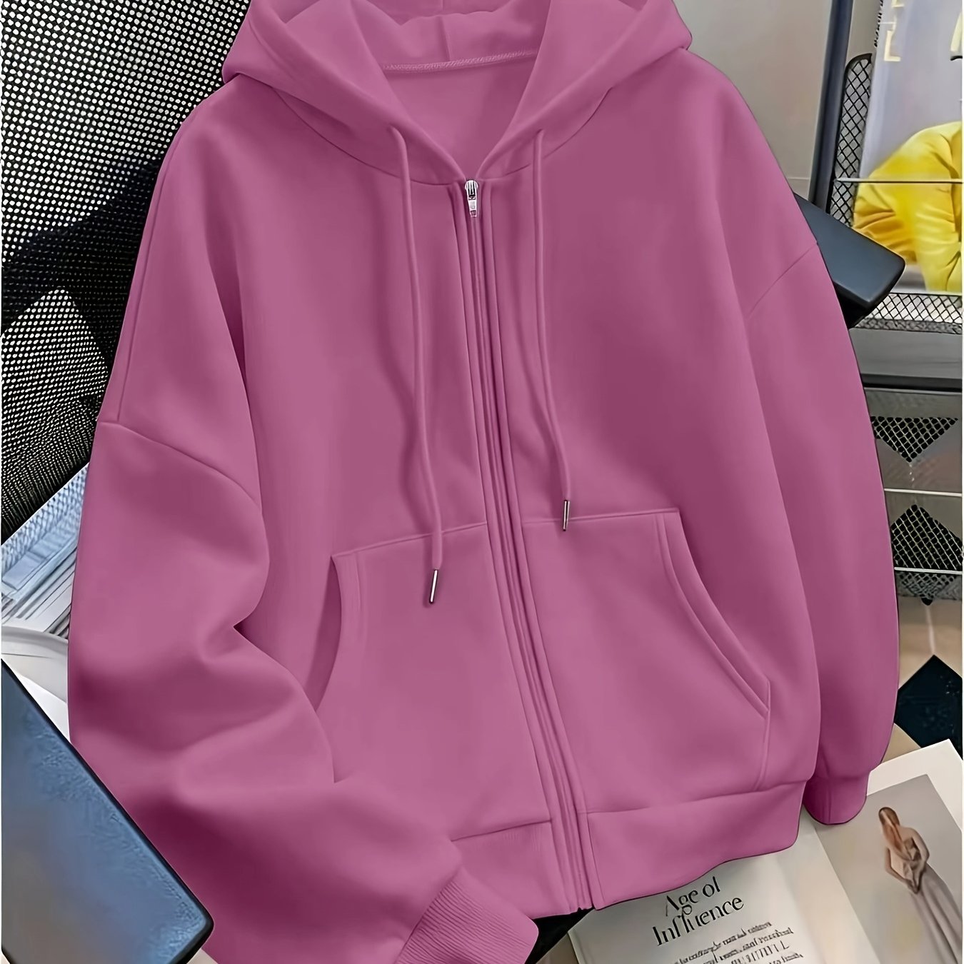 TEMU [casual Sportswear] Women's Solid Color Versatile Zipper Drawstring Hooded Sweatshirt Autumn Winter Fleece Thick Kangaroo Pocket Loose Cardigan