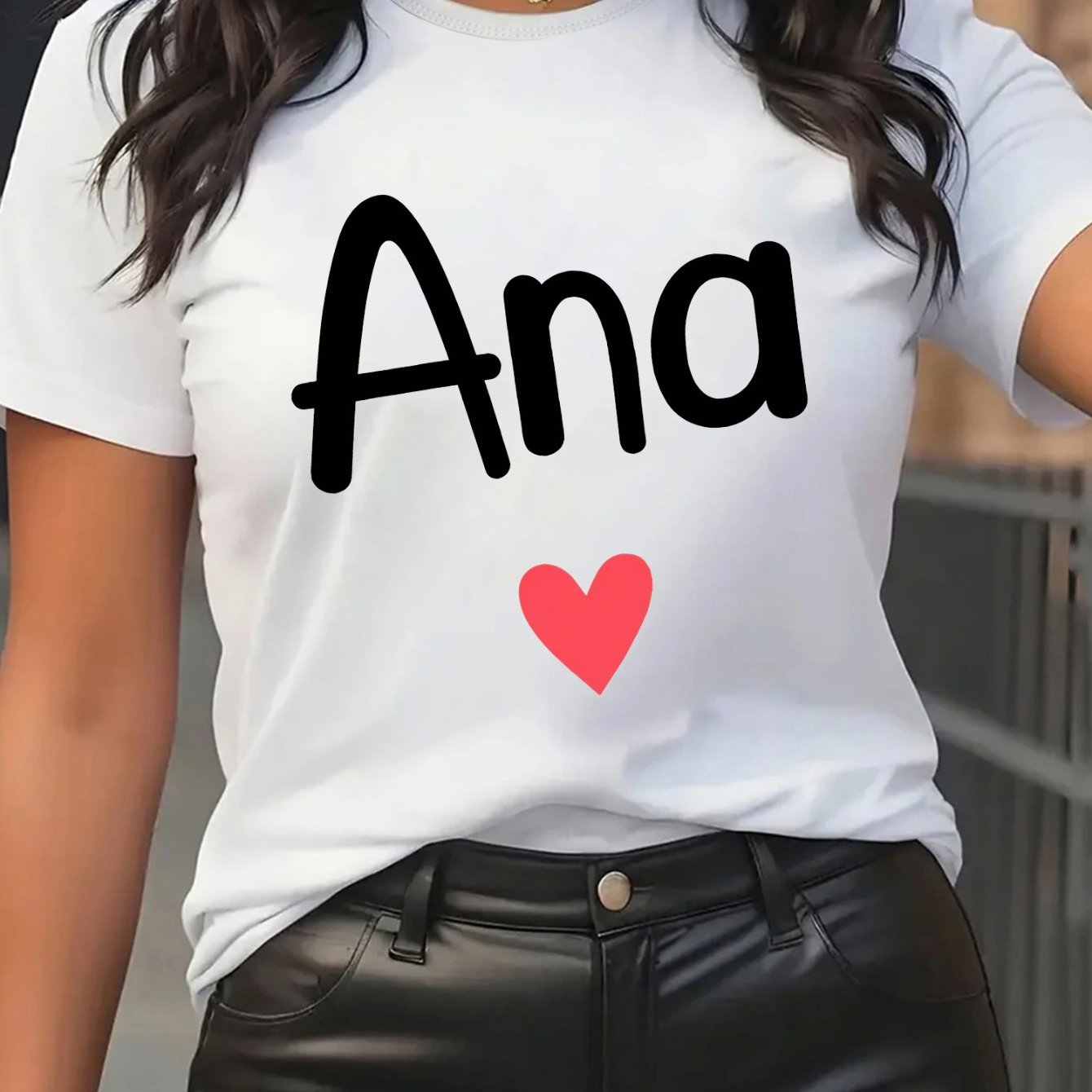 TEMU Women's Casual Sport Short Sleeve T-shirt, Polyester Only, Base With Ana Text Heart Print, Slim Fit, Trendy Daily Wear, Color Scheme