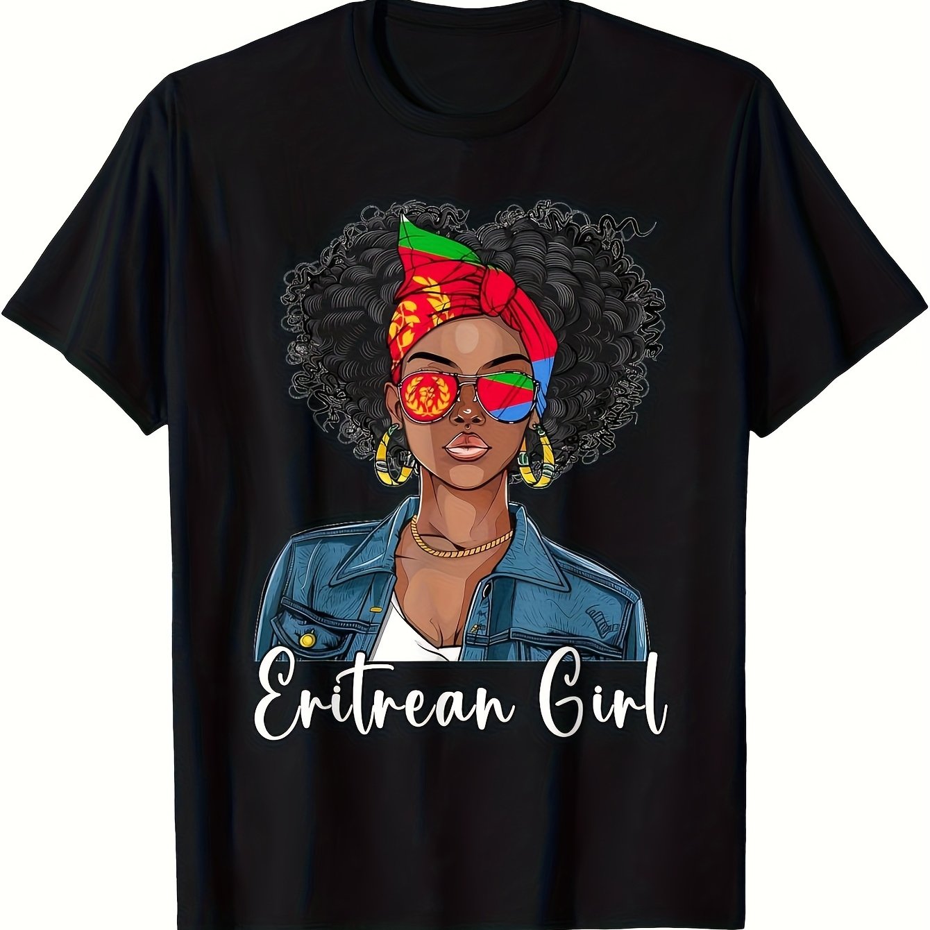 Image of Casual Round Neck T-shirt The Eritrean Flag, Featuring A Vibrant Geometric Pattern And A Graphic Of An Eritrean Girl. Designed For