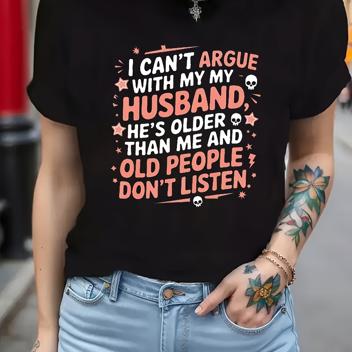 TEMU Humorous Women's T-shirt - I Argue With My Husband - Casual Round Neck Short Sleeve Top, Geometric Pattern, Suitable For , Funny T-shirt, Round