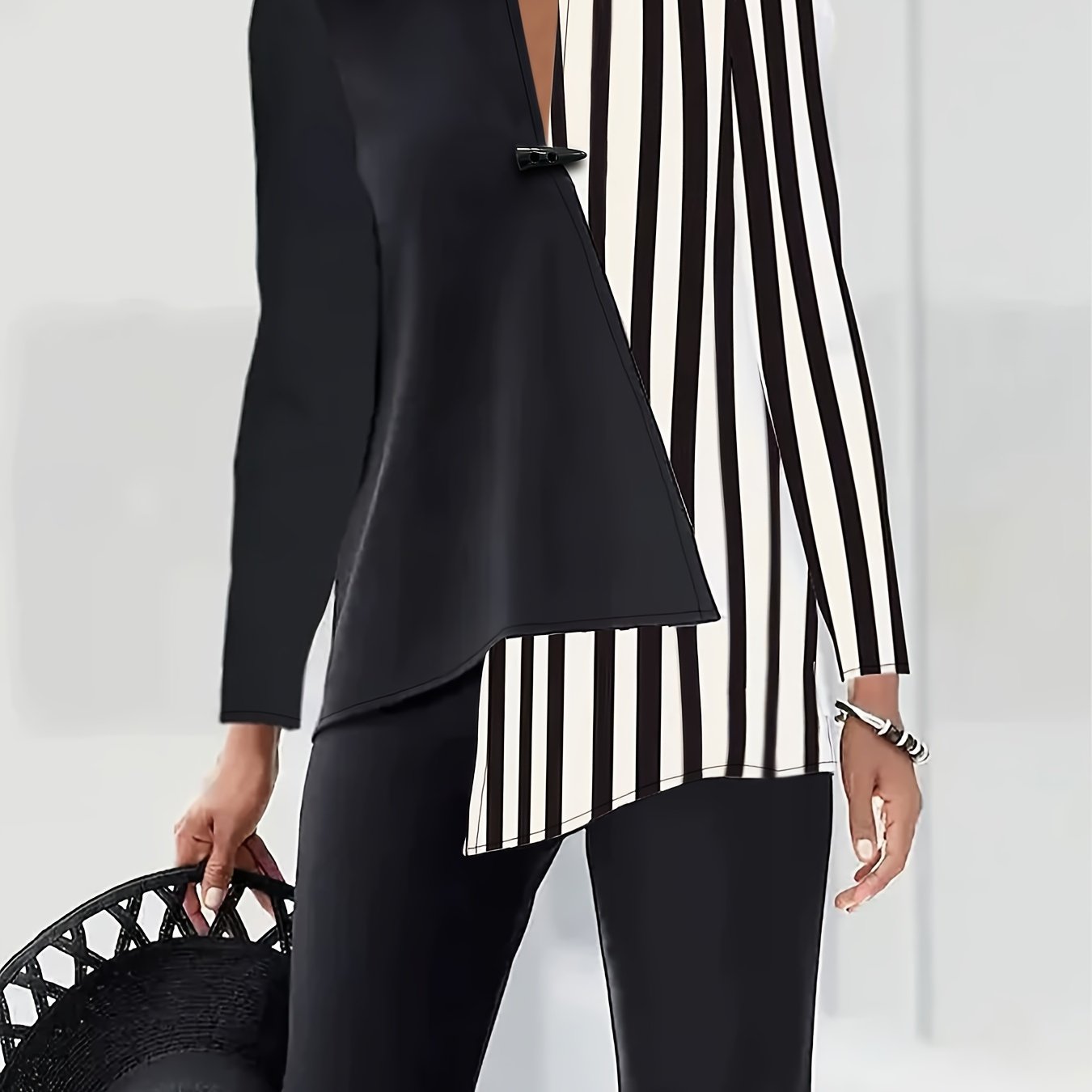 TEMU Elegant Color Block Long Sleeve Blouse - Casual Loose Fit, Polyester, Machine Washable - Women'