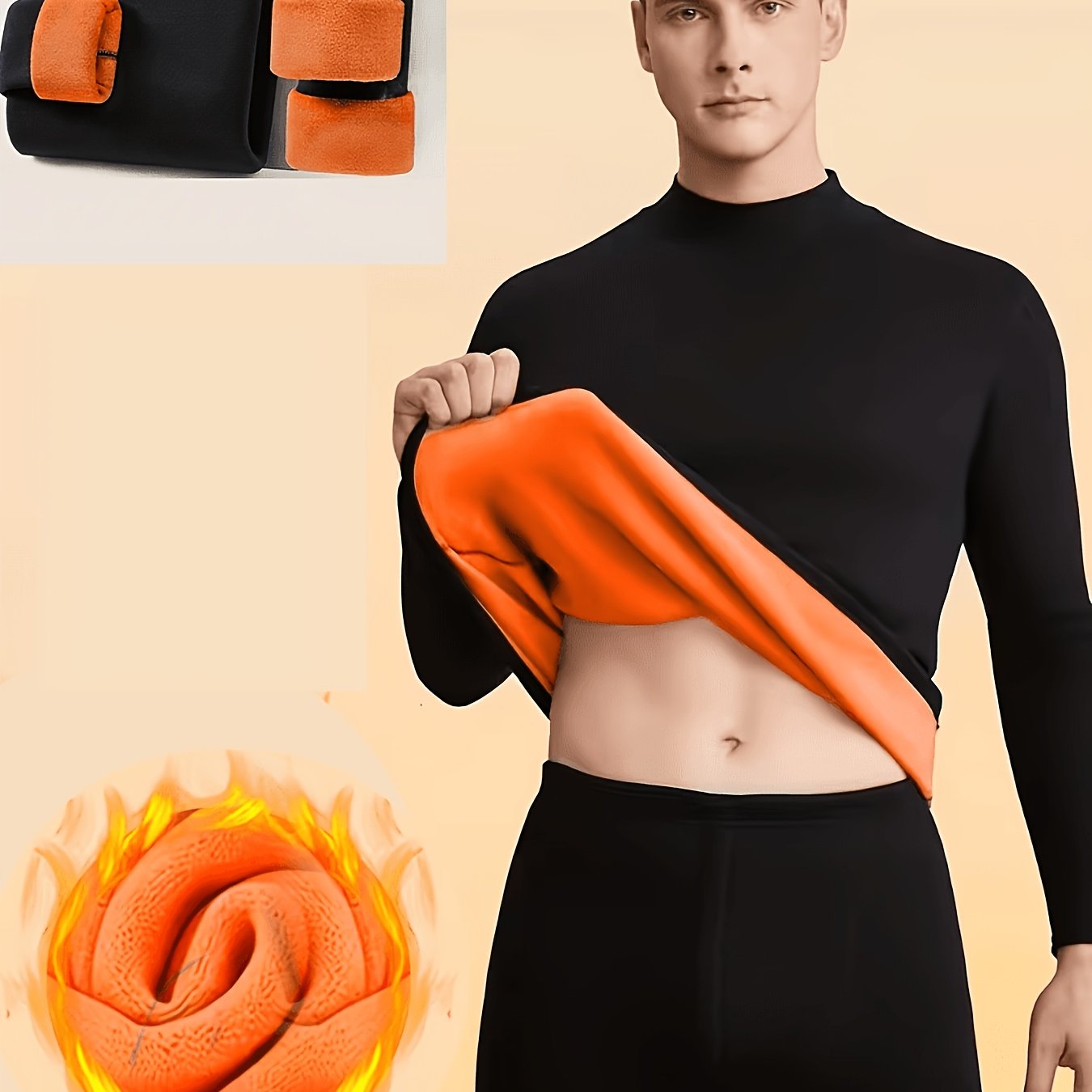 TEMU Men's Winter Fleece Thick Solid Round Neck Middle-aged Young Men's High Neck Tight Base Layer Top And Pants Warm Set