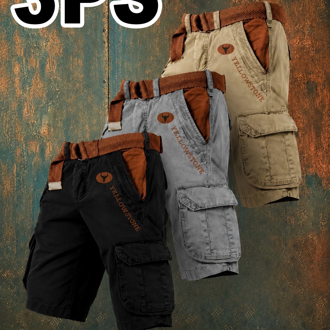 Image of Plus Size Men's 3pcs Western Style Cargo Shorts With Belt, Casual Multi-pocket Pants, Fit For Daily Wear, Casual And Travel, Plus Size