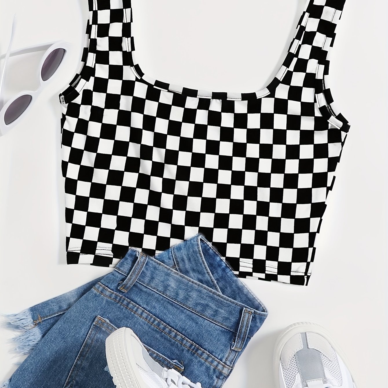 TEMU Women's Stylish Black & White Gingham Checkered Tank Top - Sleeveless, Ruched Design, Casual Summer Shirt For Casual Attire, Ladies Tank Tops