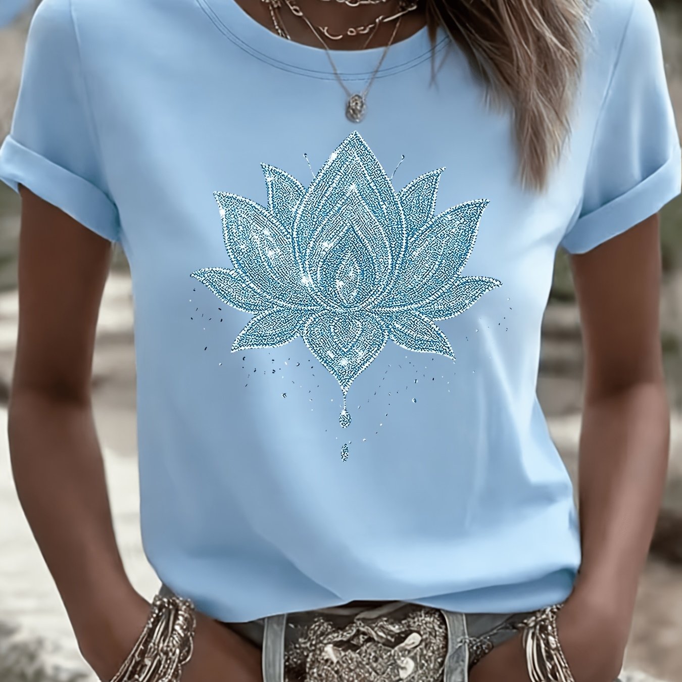 TEMU Mandala Plant Floral Pattern Printed T-shirt Casual Short Sleeve Round Neck Top Fashionable Women's Clothing
