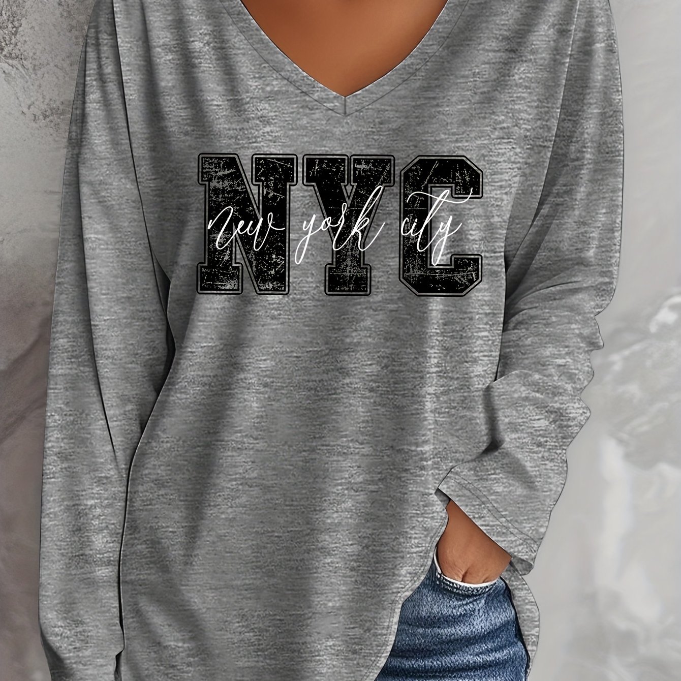 TEMU T-shirt décontracté grande taille pour femme, nouvelle mode printemps/été, manches longues, col en V, avec imprimé lettres NYC, mélange de -