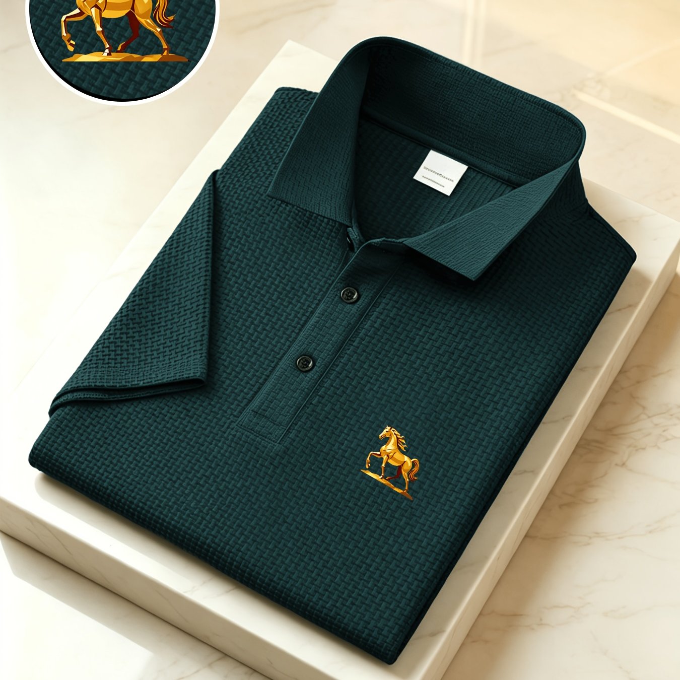 TEMU Back-to-school New Breathable Sweat-wicking Men's Shirt, Golden Horse Pattern, Casual Business Summer Short Sleeve, Outdoor Sports Golf Shirt,