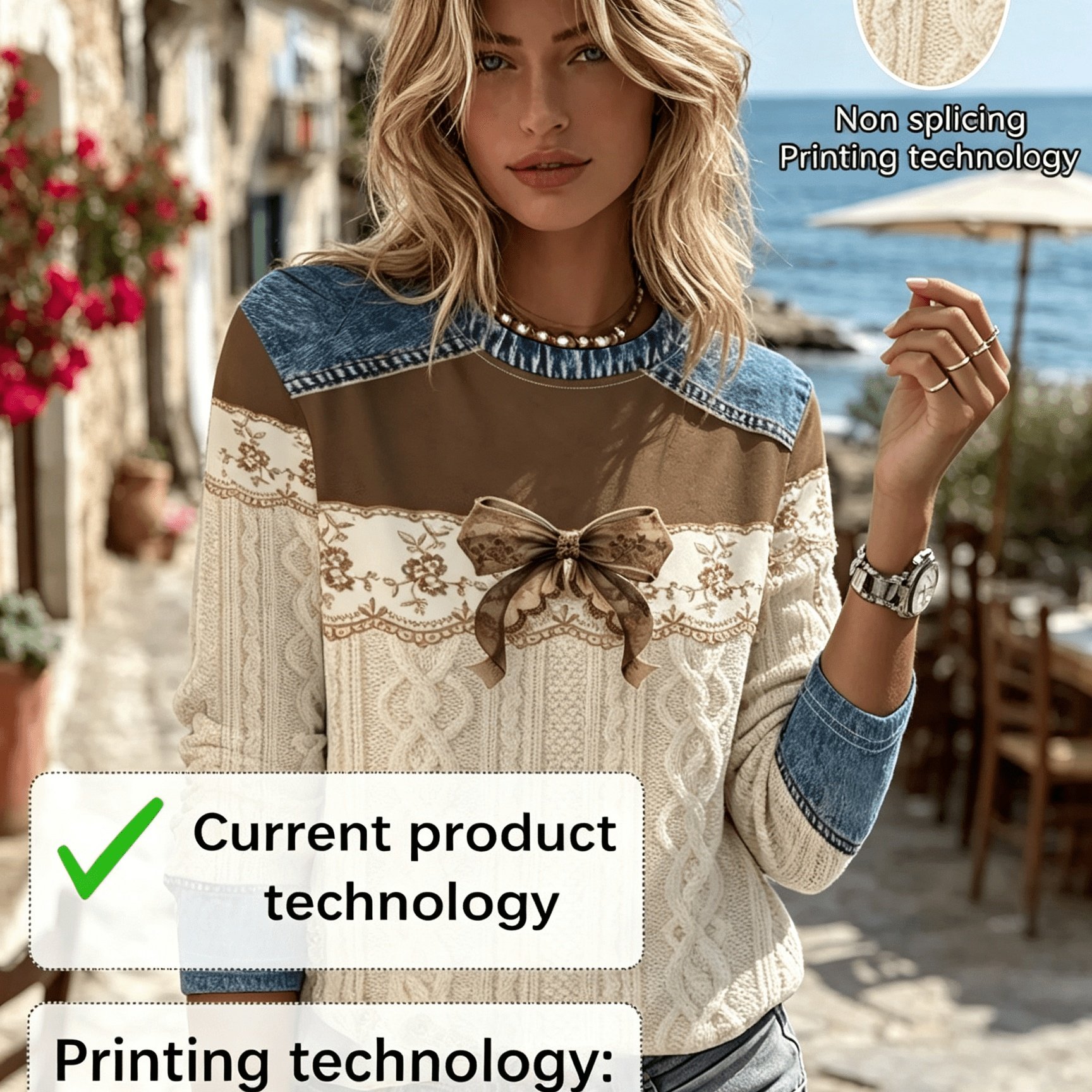 TEMU [printed Pants - Not Denim Fabric]women's Printed Long Sleeve T-shirt - Elegant And Stylish, Denim /bow Pattern , Simulated Sweater Texture,