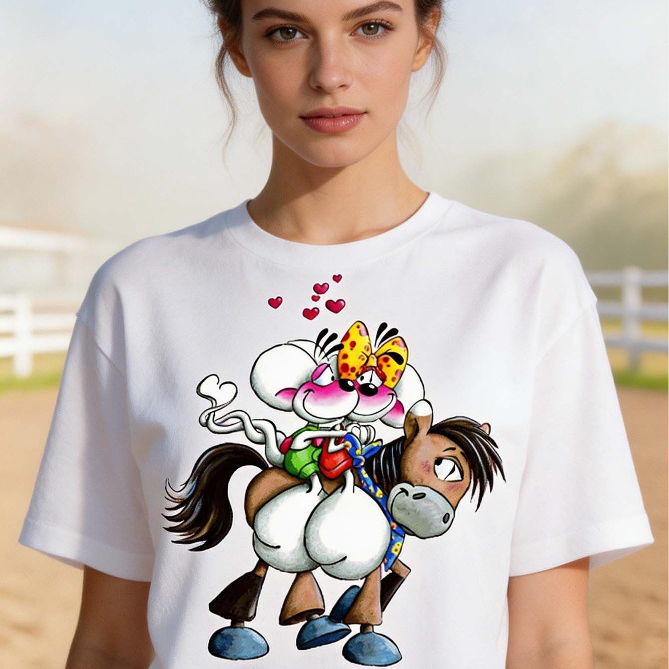 Image of Women's Plus Size Oversized T-shirt - Cute Mouse Riding Horse With Hearts Print, Loose Fit Short Sleeve Round Neck White Tee, Casual Spring Summer Top Suitable For Daily Wear & Holiday Gift