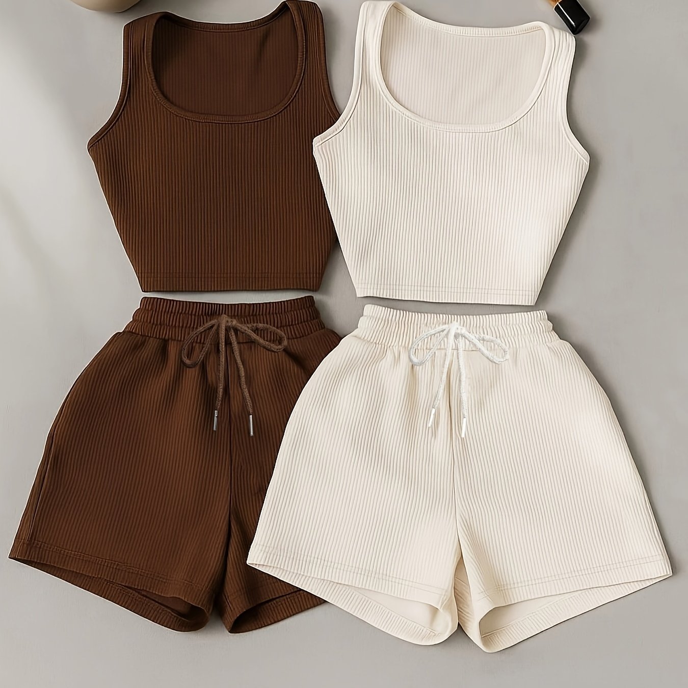 TEMU Low- Brown And White Ribbed Sleeveless Crop Top With Drawstring Shorts, Casual 2pcs Set. Summer Korean-style Lazy Vibe Home-wear, Lightweight