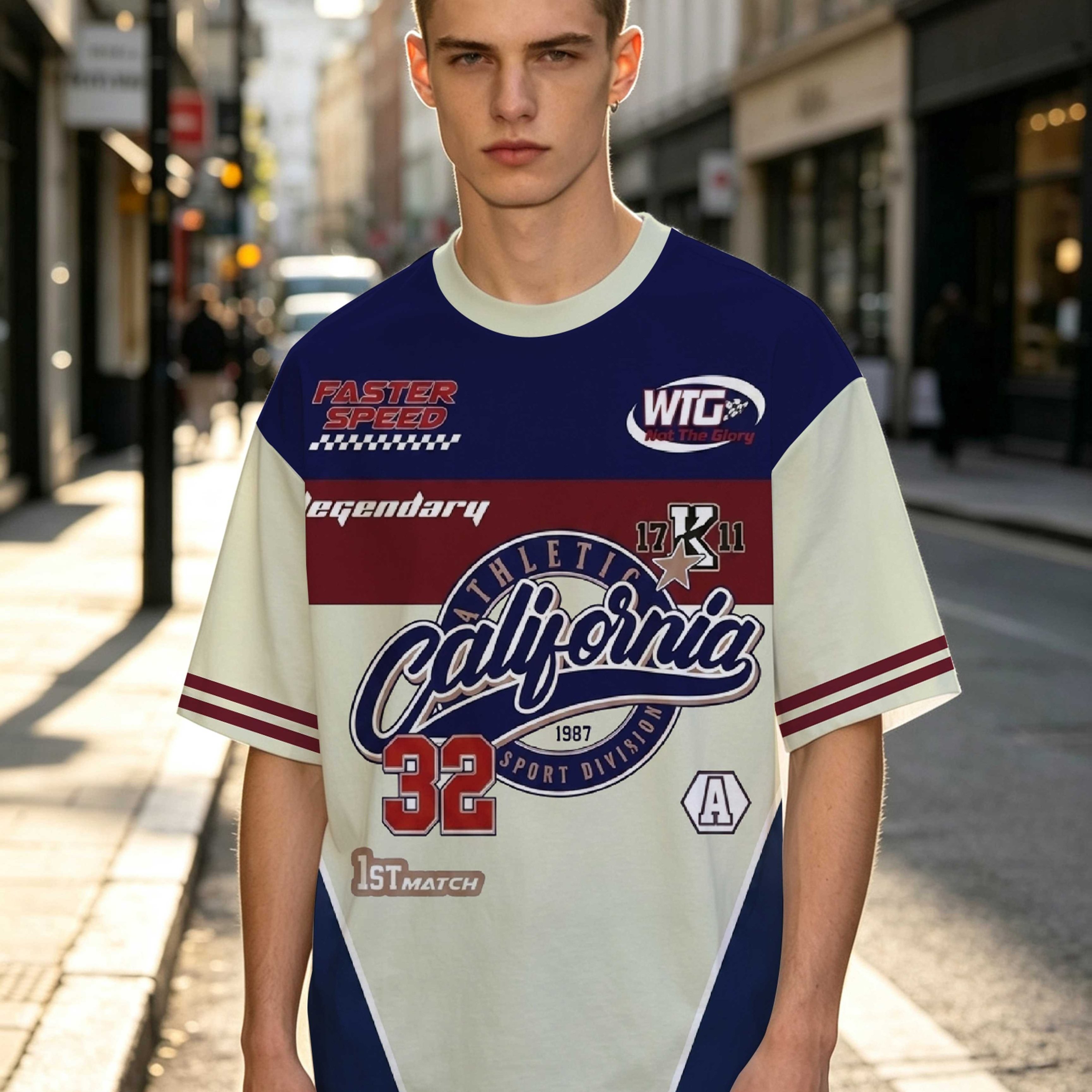 TEMU California Size 32 Color-block Print T-shirt, Classic Contrast With Multiple Slogans And Badge Details, Racing Sports Element, Essential Top For