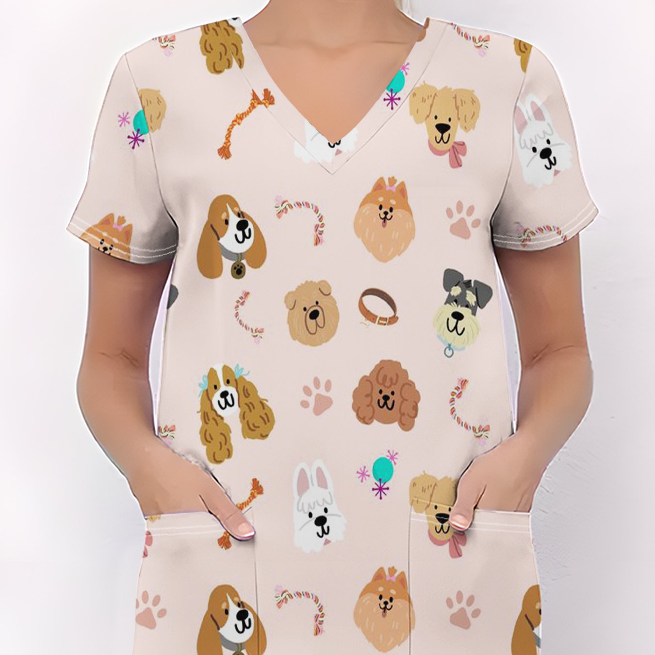 TEMU Cute Animal Plant Flower Element V-neck Printed Uniform Top With Pockets, Comfortable Stretch Fabric For Doctors, Nurses, Dentists, Beauty