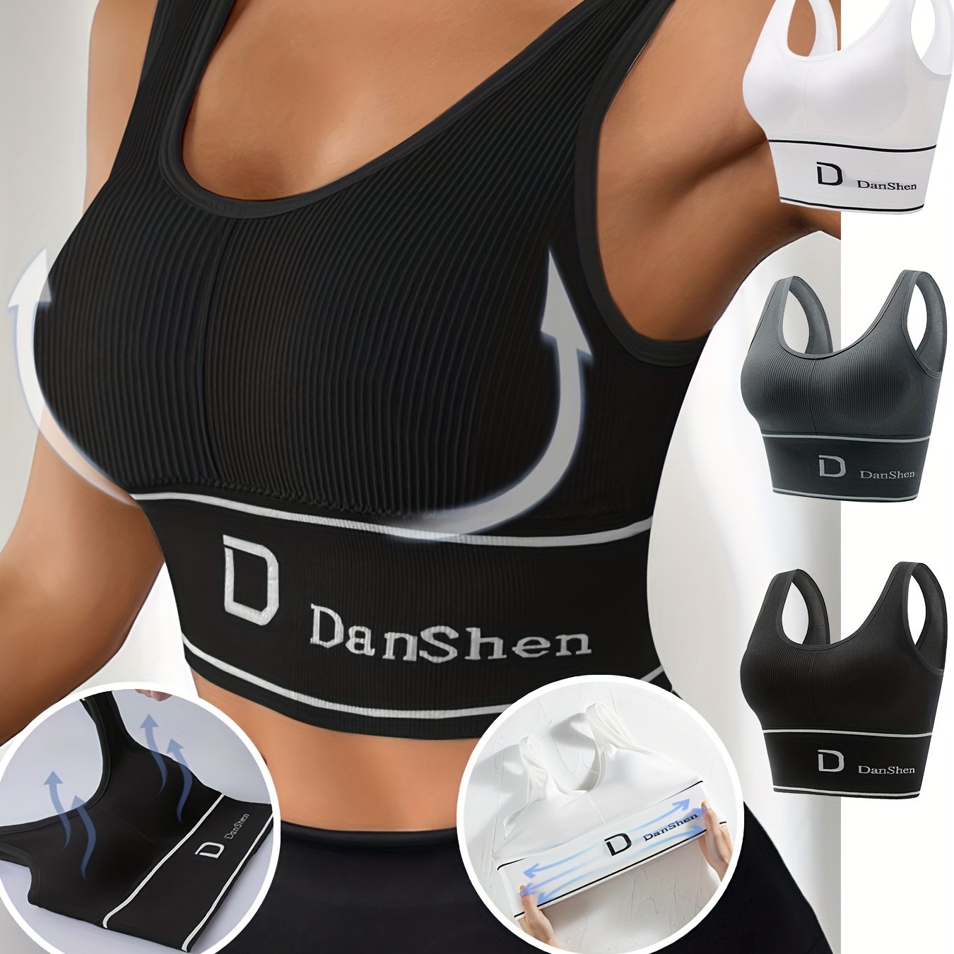 Image of 3pcs, Plus Size, Sports Bra, Vest, Wireless, With Padding, Back Smoothing, High Elasticity, Yoga, Running
