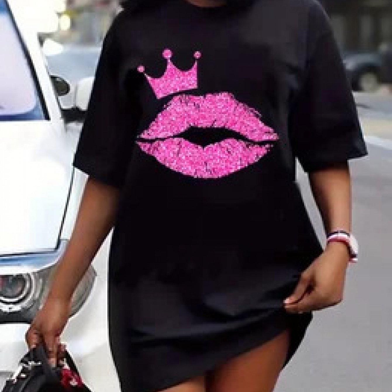 Plus Size Men's Lip & Crown Print Tee Dress - High Stretch Slim Fit Short Sleeve Round Neck Casual Dress, Machine Washable Black With Pink Glitter Graphic, , Breathable Fabric, Curvy Fashion
