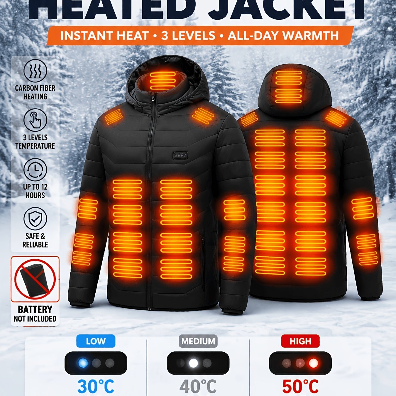 TEMU Men's And Women's Heated Jacket, 35-zone Heating With 4 Control Switches, Three-level Adjustment, Winter, Warm Jacket, Usb Powered, Perfect For