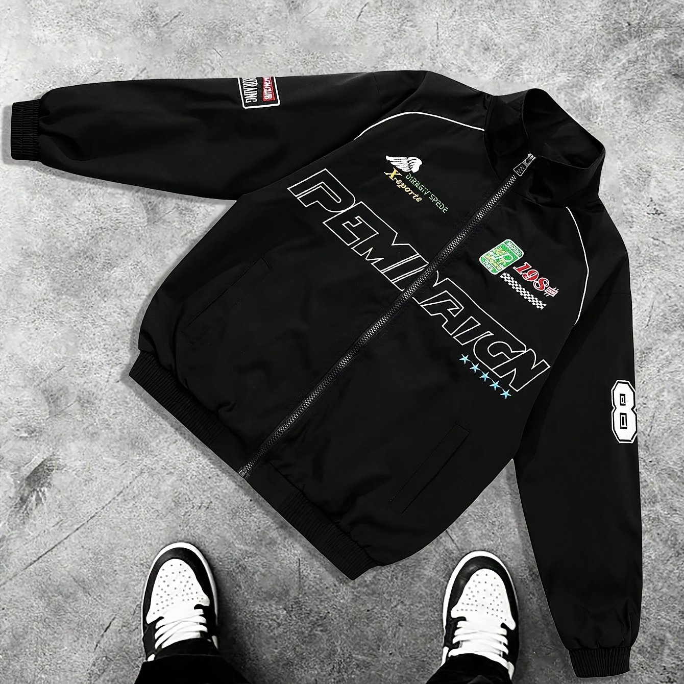 E-shop Lässige Herren Jacke mit Buchstabenprint, Langarm, Frühling und Herbst, Streetwear Racing Jacke, Schwarze Bikerjacke, Designer Bomberjacke mit