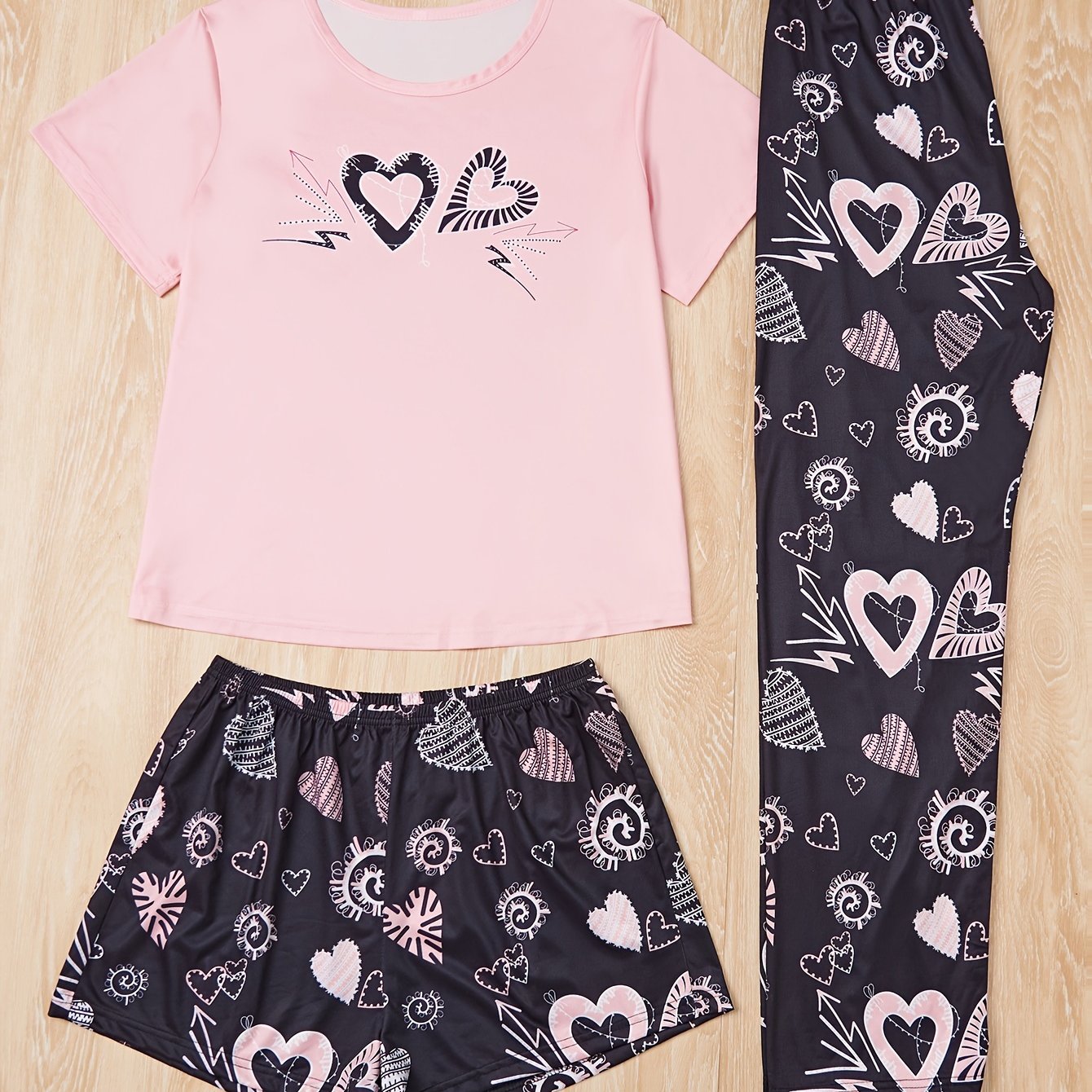 Spotted Heart Print Pajama Set, Casual Short Sleeve Round Neck Top & Elastic Shorts & Pants, Women's Sleepwear