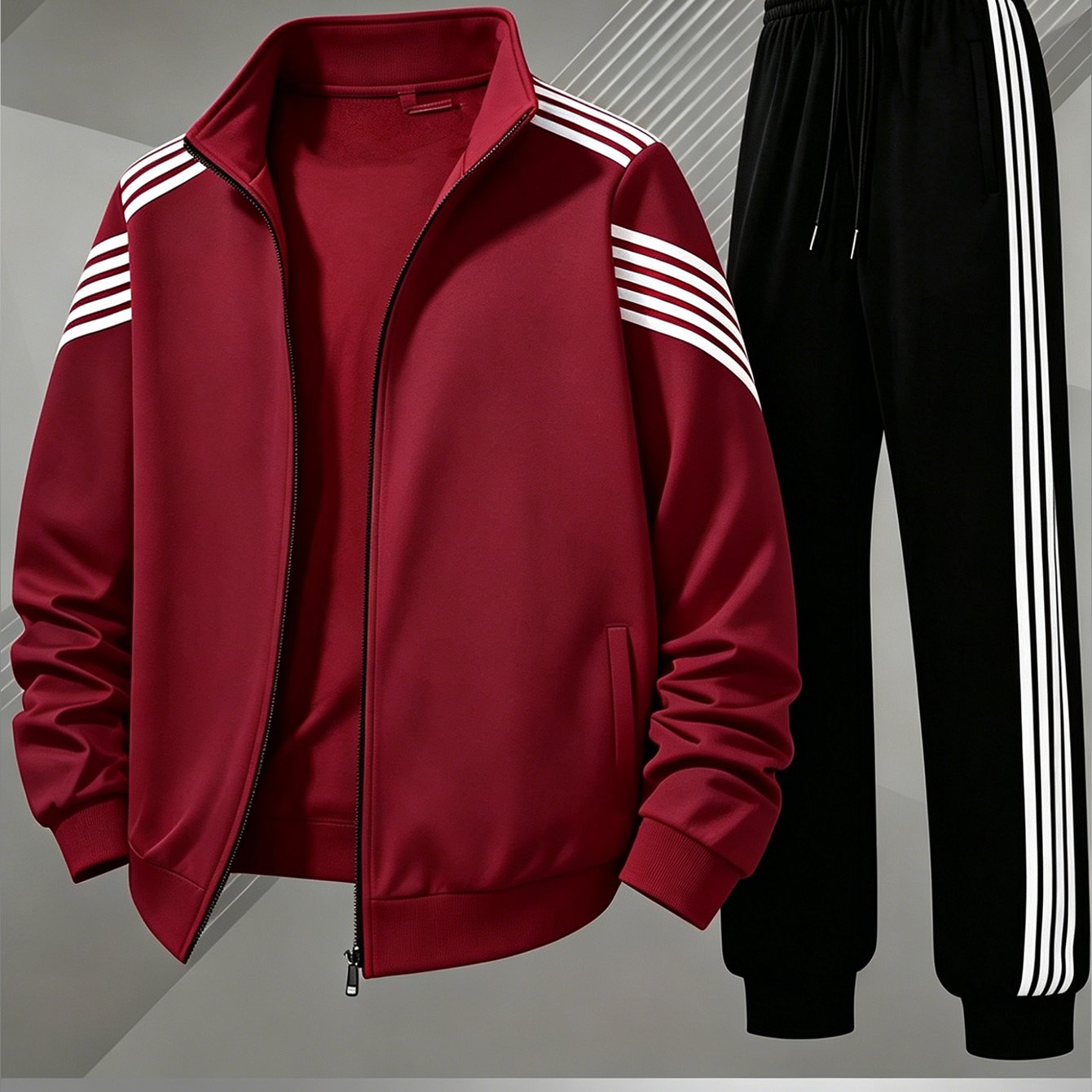 Image of Men's Casual Suit With Zipper Jacket And Long Pants, Digital Printed Polyester Fiber, Printed Long Sleeve Regular Version 2pcs Set For Spring And Autumn Vacation And Street Fashion Clothing