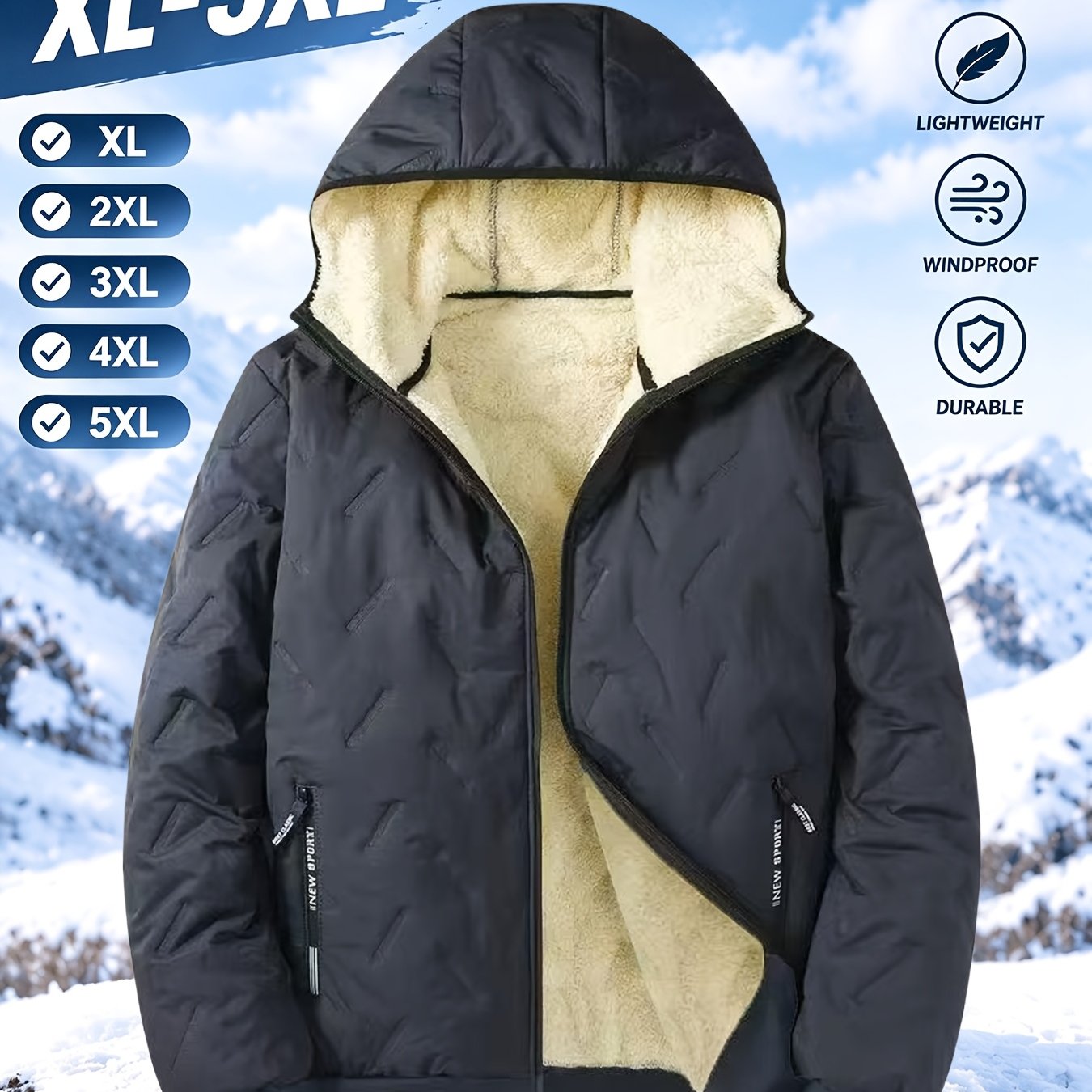 TEMU Men's Hooded Winter Padded, Plus Sizes Xl-5xl, Windproof And Warm Outerwear, Lightweight And Non-bulky, Durable And Sturdy, Locking In Heat For