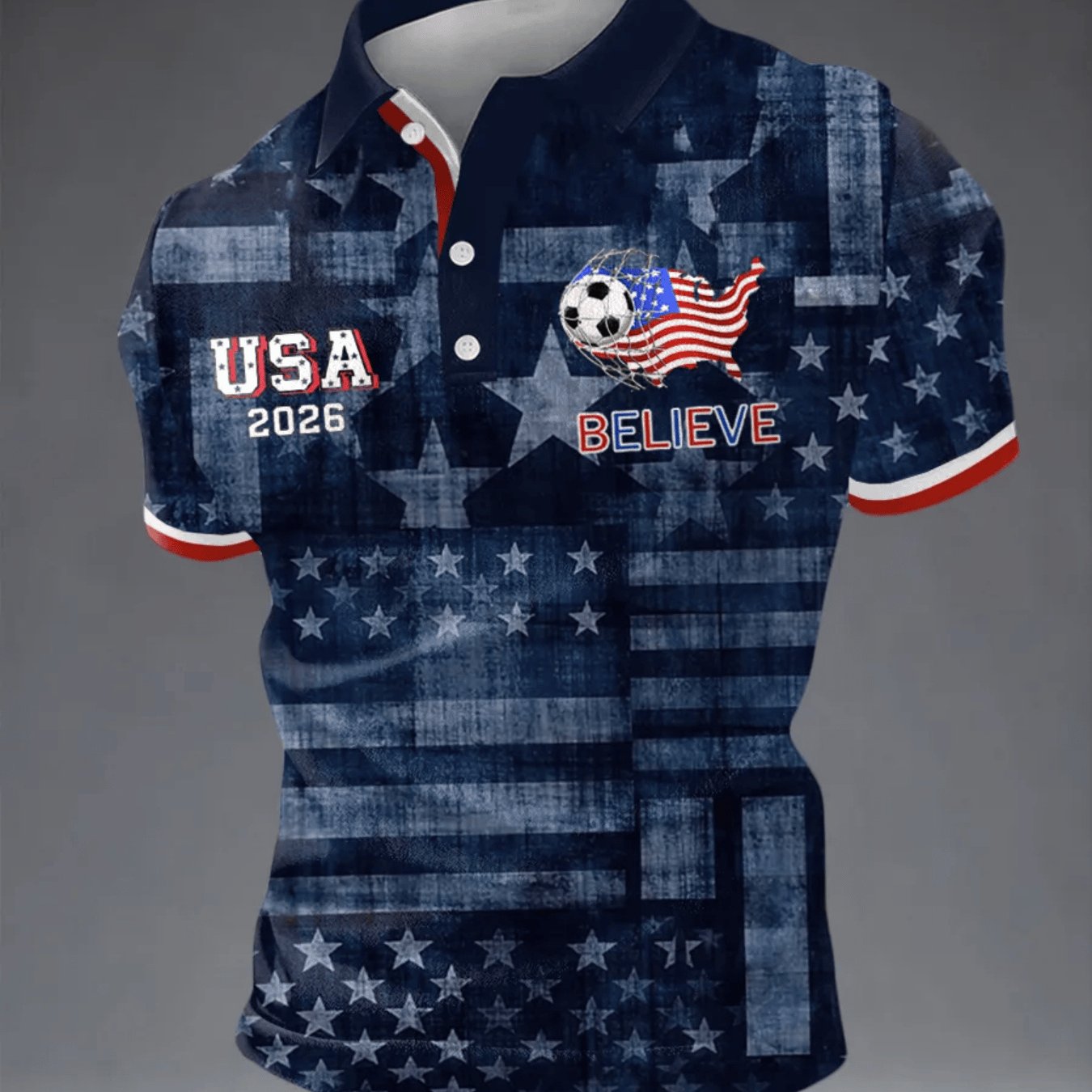 Men's 2026 Tournament Themed Navy Blue Shirt With Distressed Star And Stripe Pattern, American Flag Map And Soccer Print, Breathable Comfortable Daily Dating Wear Gift For Men, Short Sleeve Shirt