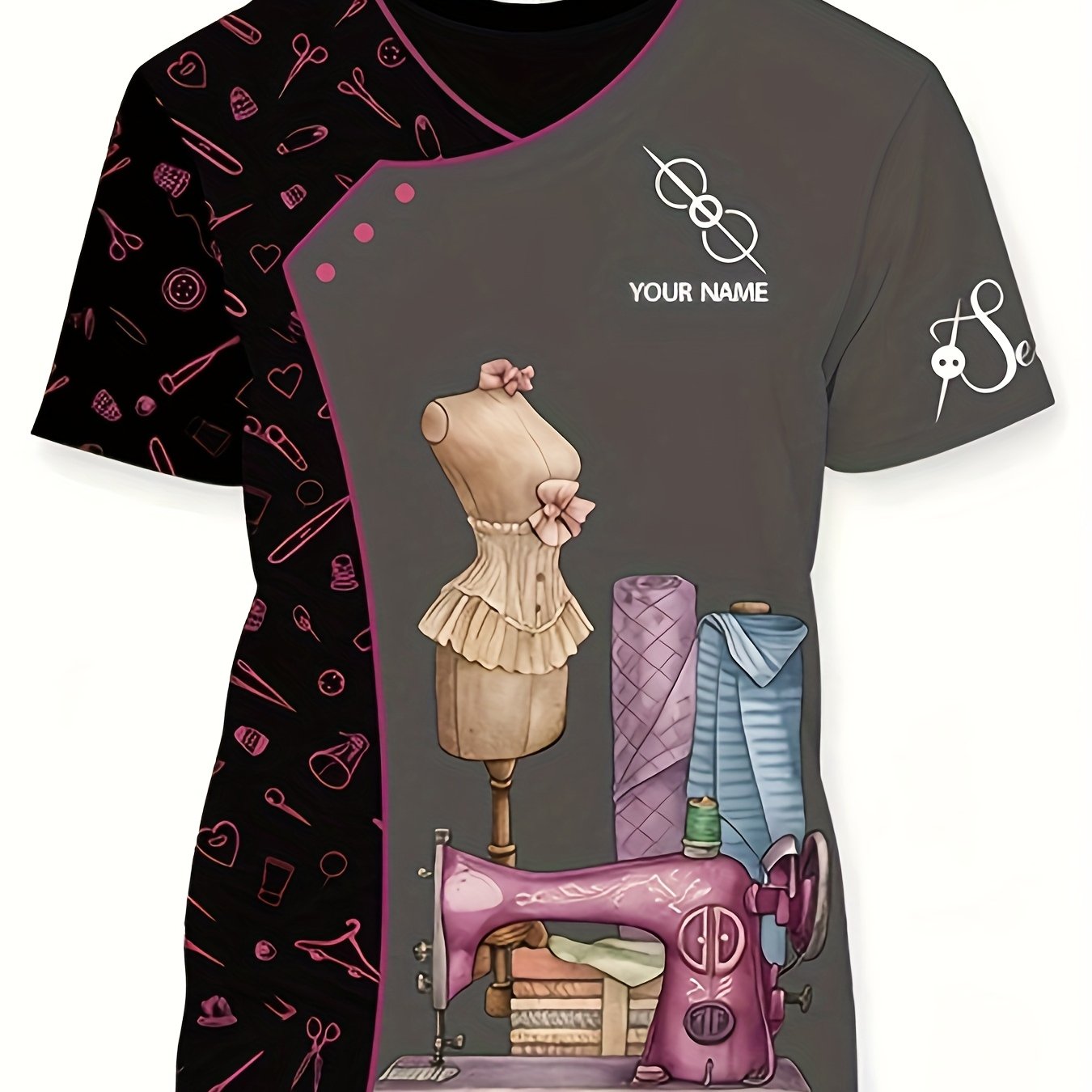 TEMU Fusion Sewing Multi-element: Print Of Scissors, Needles And Threads, With Sewing Mannequin And Vintage Sewing Machine Scene, Creative Short