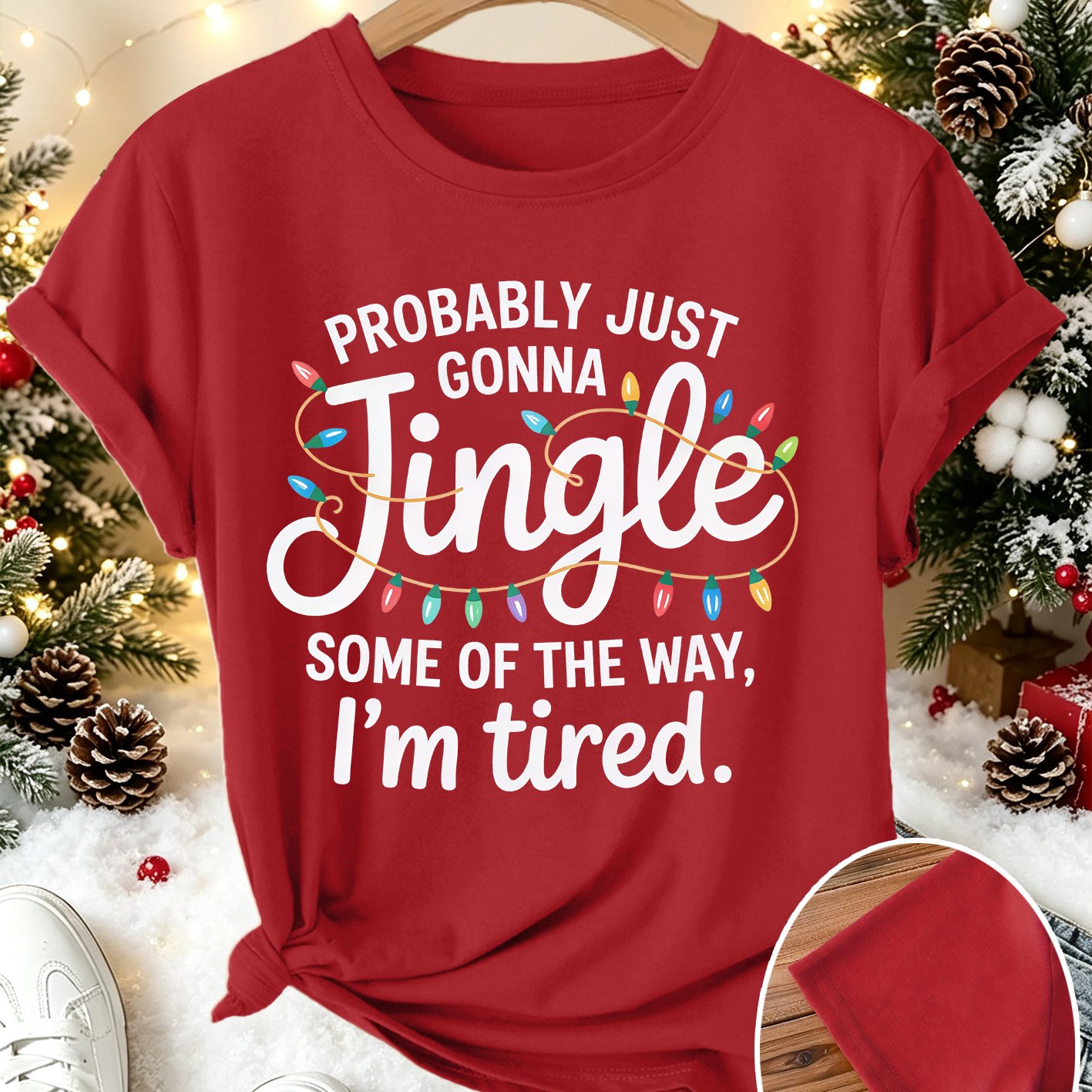 TEMU Christmas Holiday Apparel Plus Size Women's New Short Sleeve T-shirt " Just Gonna Jingle Some Of The Way I'm Tired" String Lights Letter Print