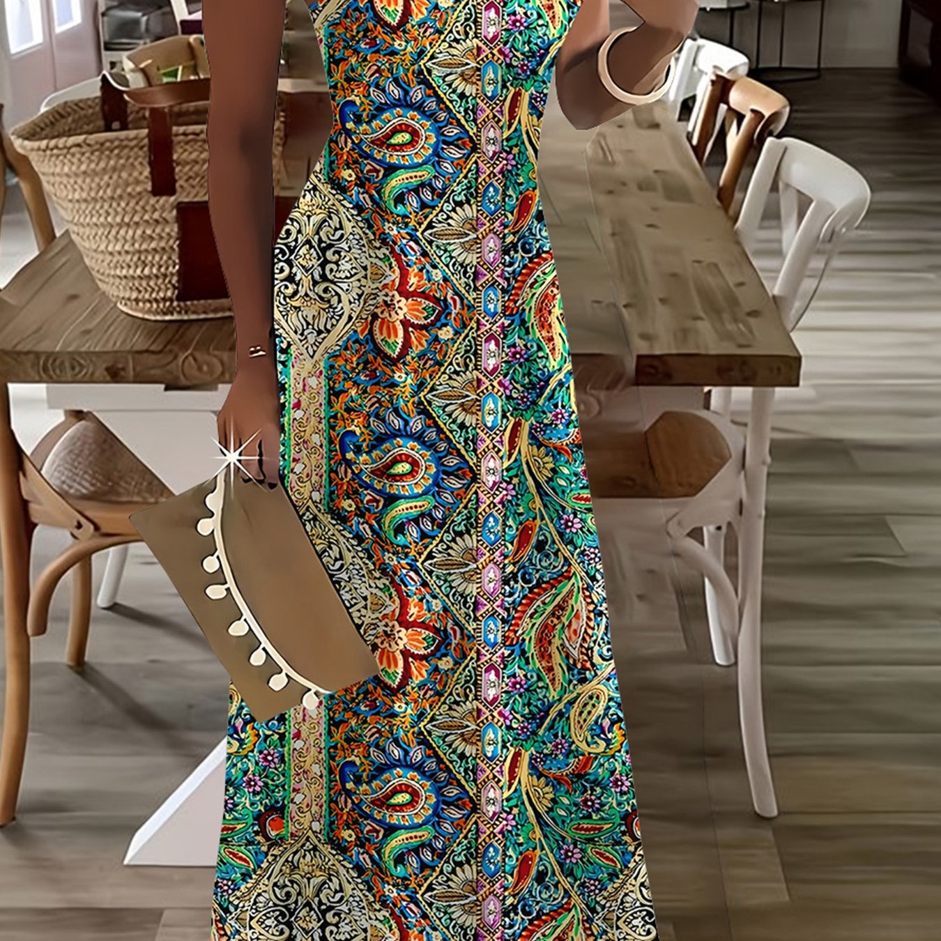 Image of Western Fashion Women's Round Neck Spaghetti Strap Dress - 425