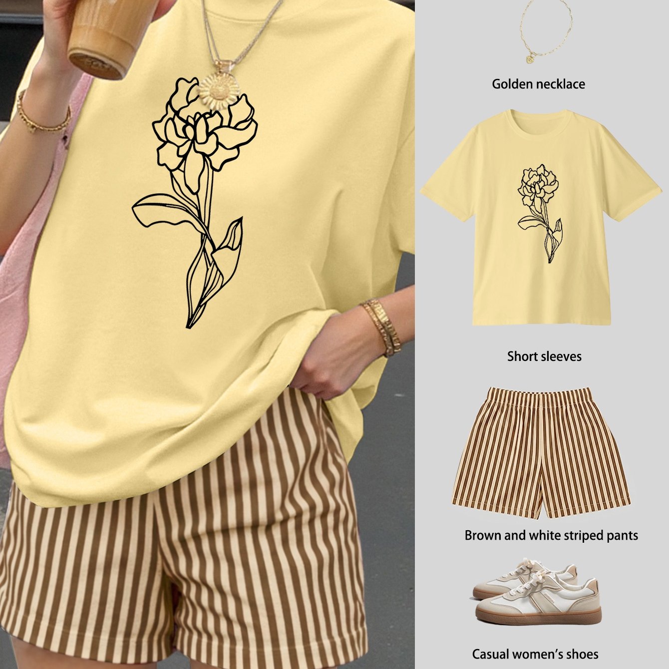 TEMU Women's Oversized Set, Easy Line Floral Print Short Sleeve Top And Brown White Striped Casual Shorts Two-piece Outfit, Women's Casual Fashion