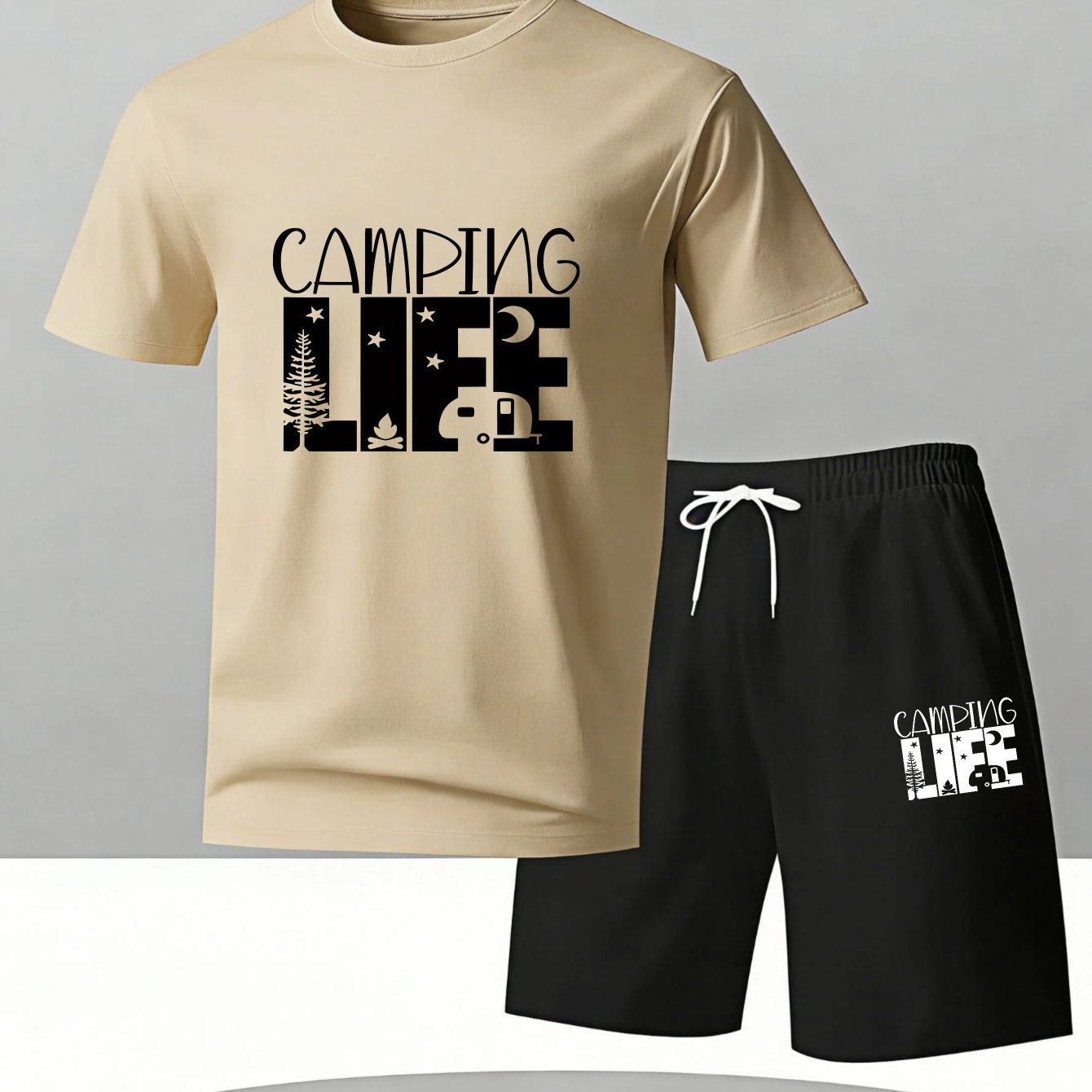 TEMU Casual Stijl Heren T-Shirt en Shorts Set Camping Outdoor Zomerkleding Cadeau voor Natuurliefhebbers
