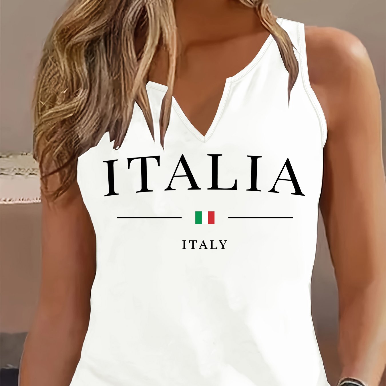 TEMU (052#) Women's Fashion Lightweight Tank Top, V-neck Sleeveless Vest With Letter Print Design, Casual Versatile Top