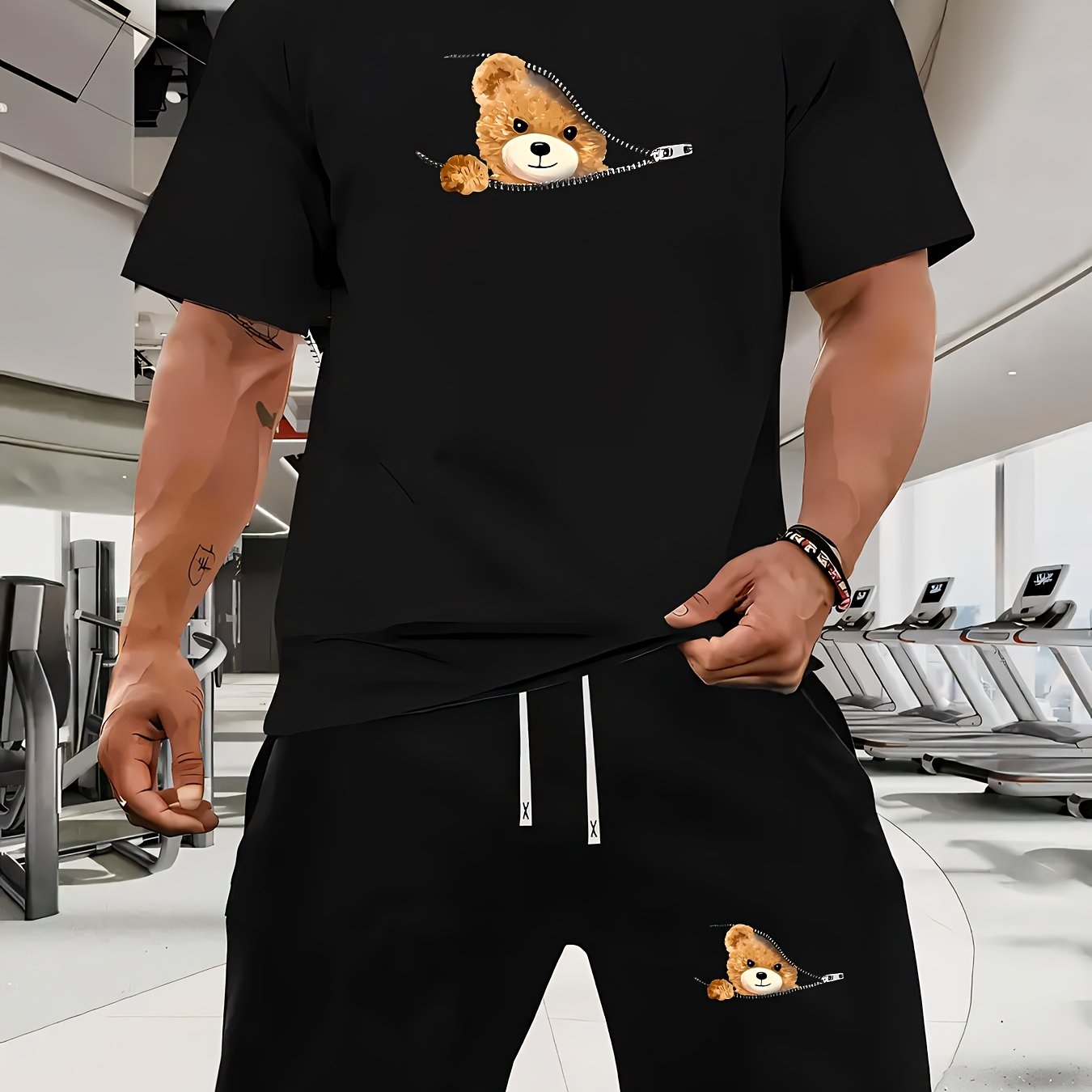TEMU Ensemble Homme avec Imprimé Bleu sur T-shirt à Manches Courtes et Shorts à Taille Élastique 2pcs - Haut Sportif Décontracté et Pantalon pour et